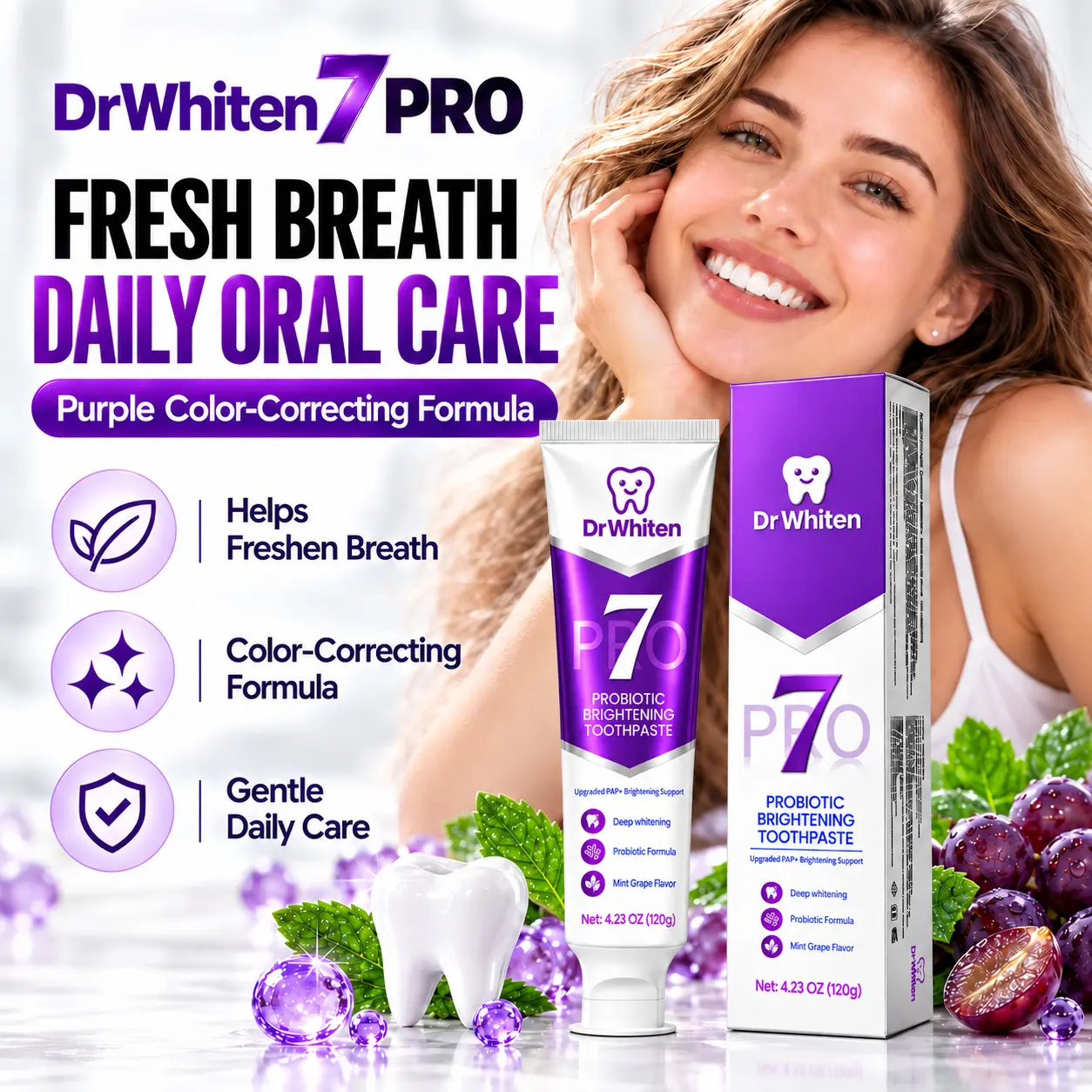 DrWhiten New 7-Pro Probiotic Purple Toothpaste | Fresh Breath & Color-Correcting Formula | Helps Balance Yellow Tones | Fluoride-Free | Mint Grape Flavor | 4.23 oz