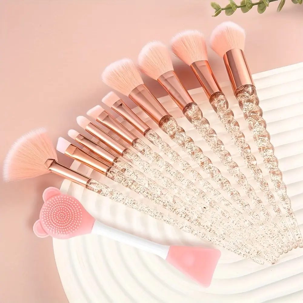 10-Piece Rose Gold Makeup Brush Set, Dual-Ended Face Mask Brush, Eye Concealer Cream Brush, Transparent Illusion Star Design