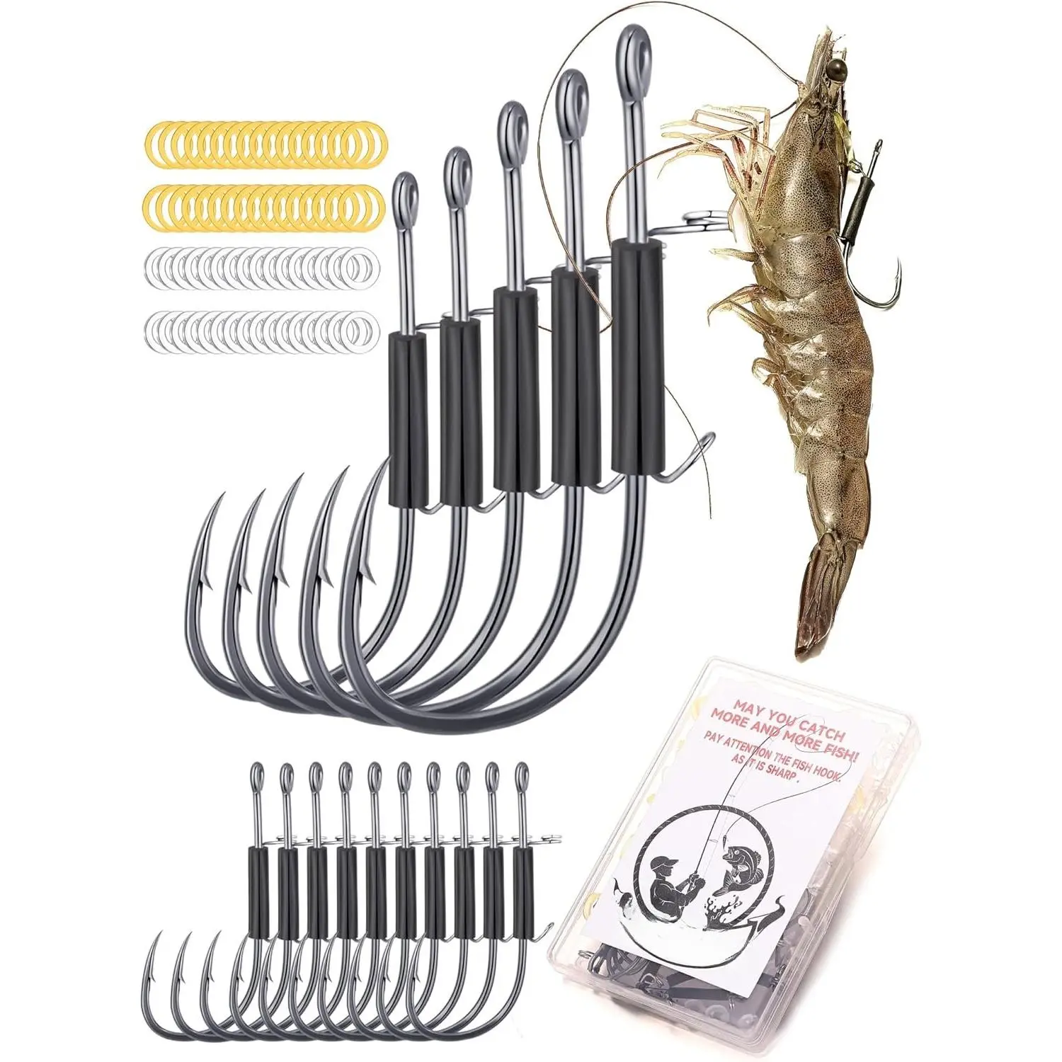 15/40 Packs Live Shrimp Hooks Saltwater Fishing Hooks - High Carbon Steel Barbed 4 Sizes Non- for Catfish Bass Multi-, Bottom Fishing Tackle, Fishing Tackle