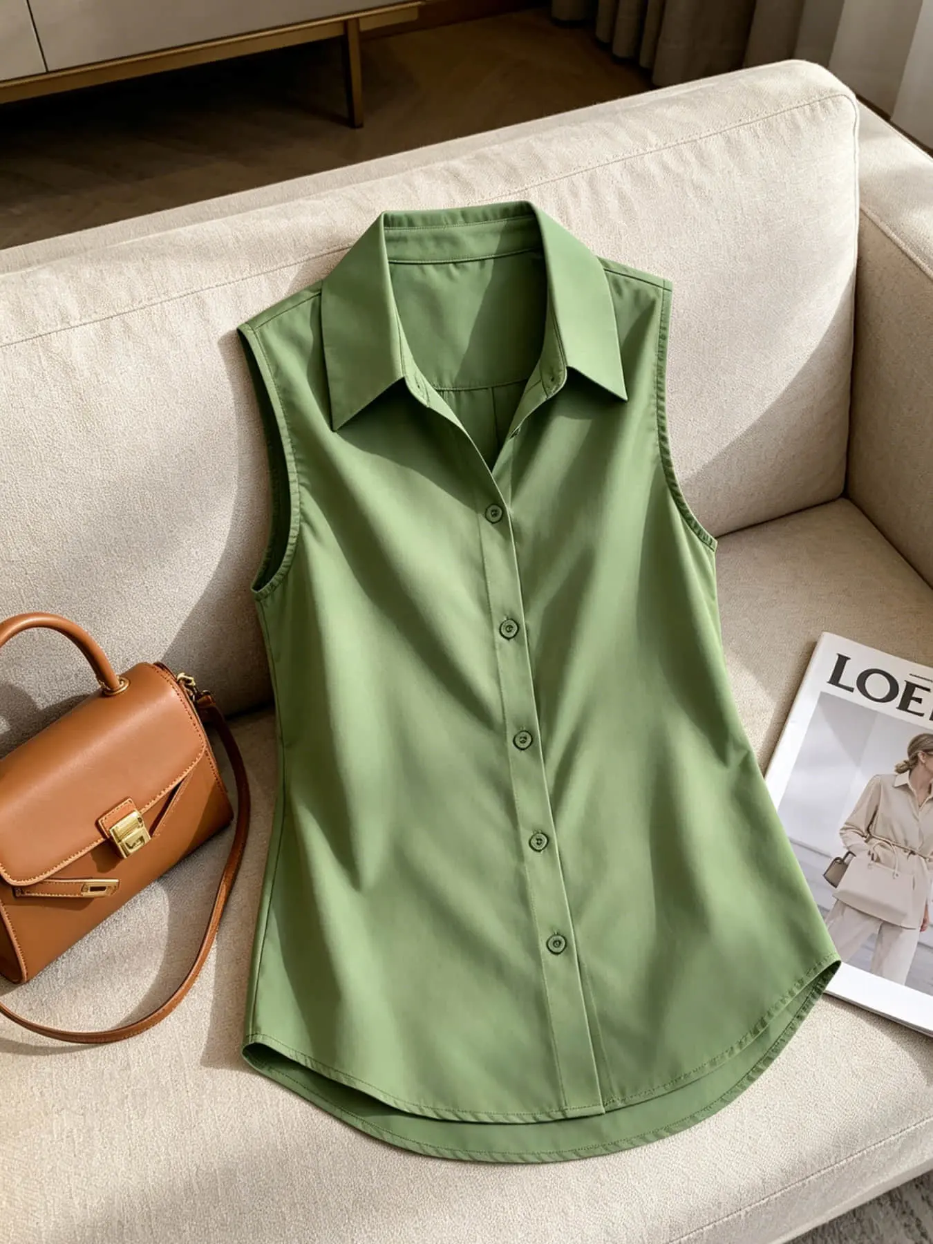 A fashionable women's collared sleeveless basic blouse shirt with a single breasted hanging top for casual commuting, suitable for summer office commuting, outdoor picnicking, vacation travel