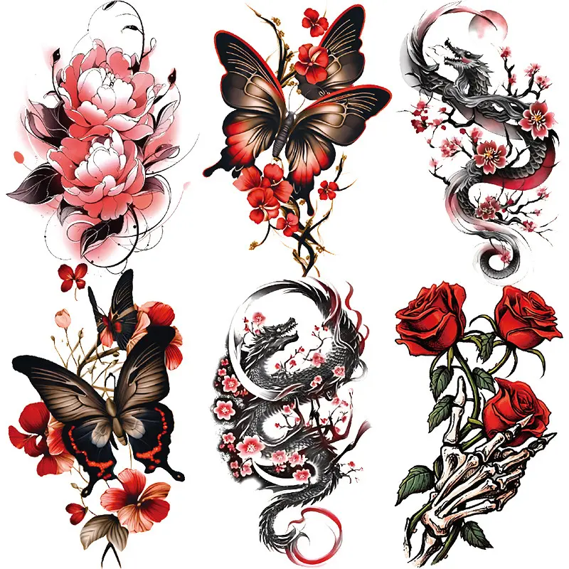 6 Vibrant Temporary Tattoos, Colorful Butterfly Rose Skull Dragon Arm Stickers, Waterproof Realistic Body Art, Halloween Party Decor