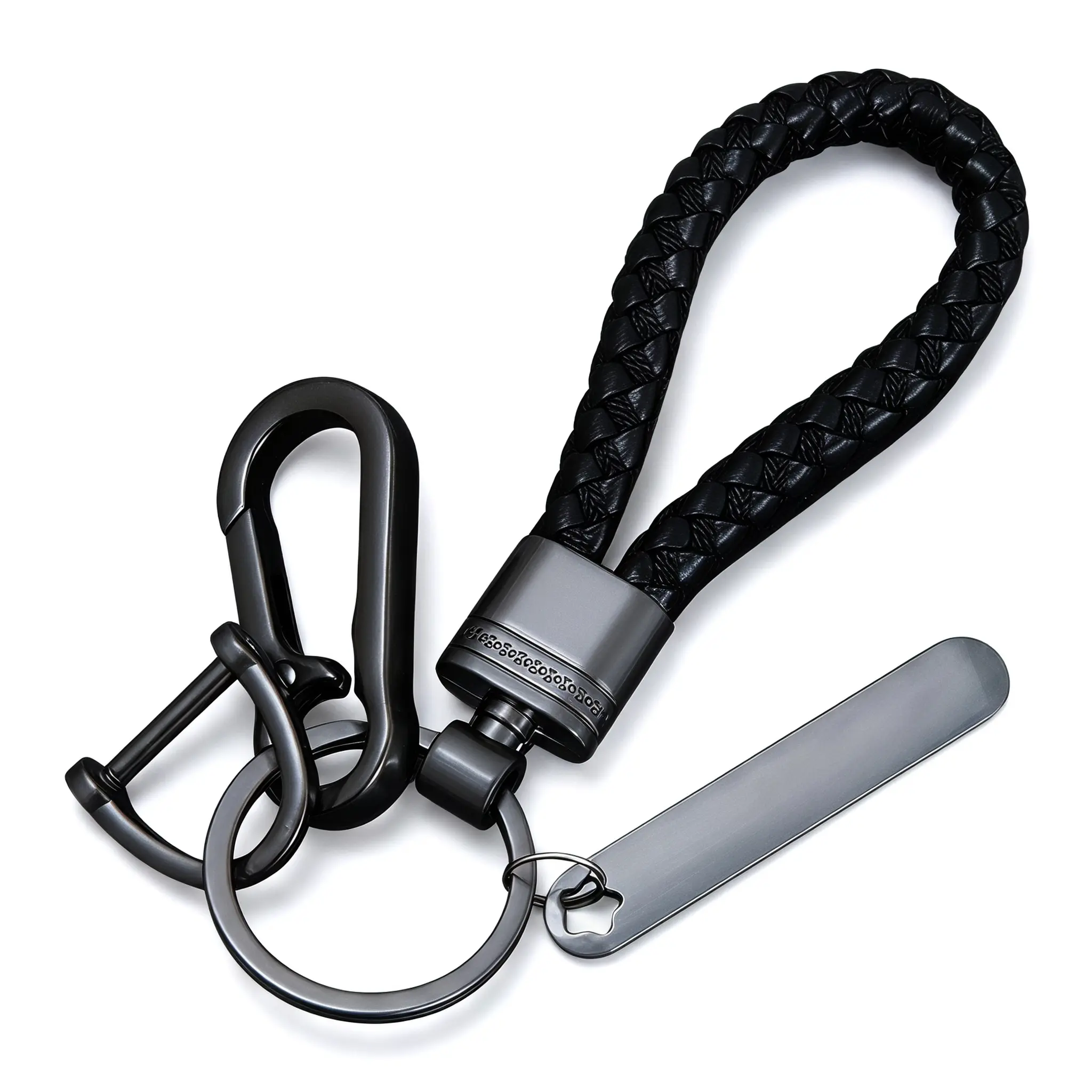 Light Luxury Leather Male Keychain for Men, Anti-Loss Grip Waist Clip, Braided Strap Simple Cute Pendant with D-Ring, Figure 8 Ring, Gun Black for Casual Wear