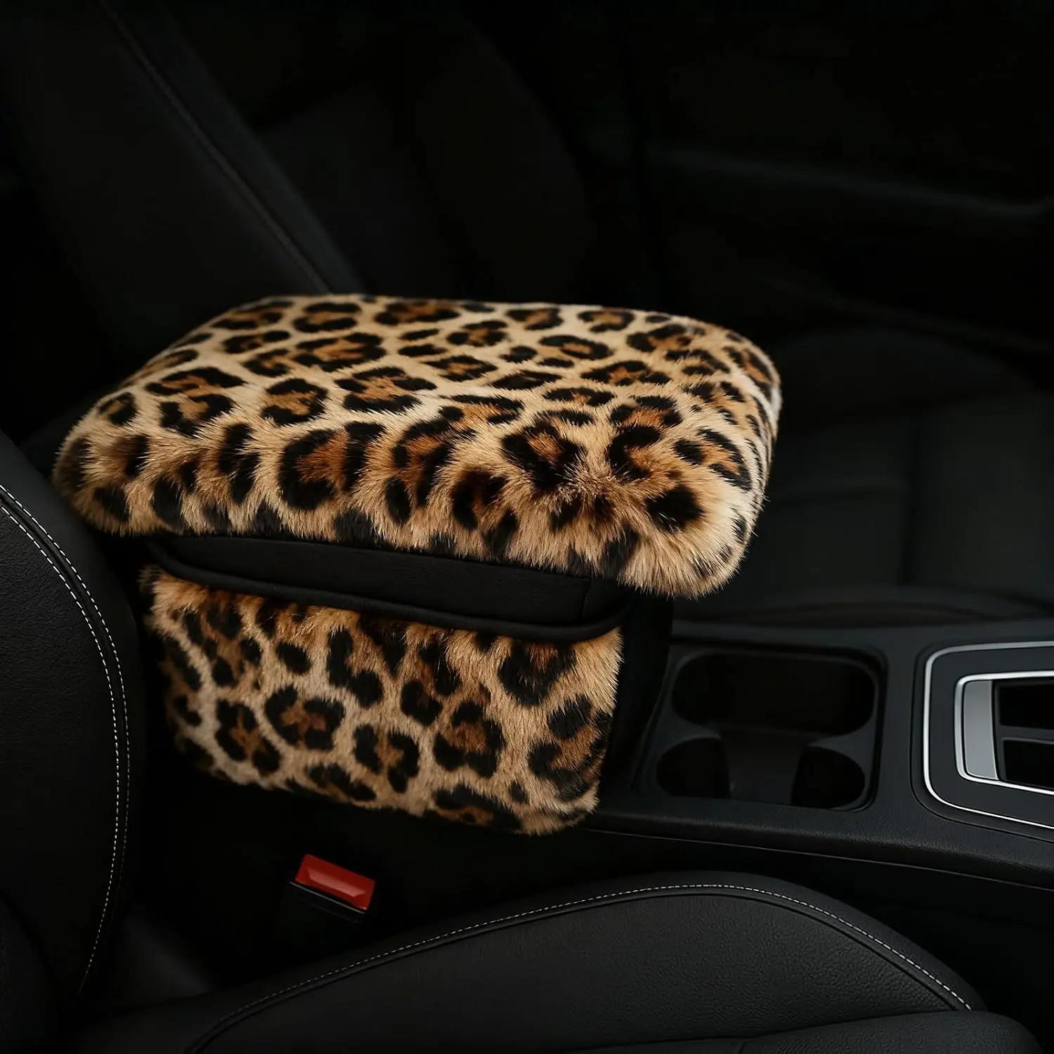 Plush Fuzzy Center Console Armrest Cover for Cars/SUVs - Elastic Straps, 2-Sides Storage Pockets, Winter Warmth Interior Protector with Storage for Women & Men (Leopard)