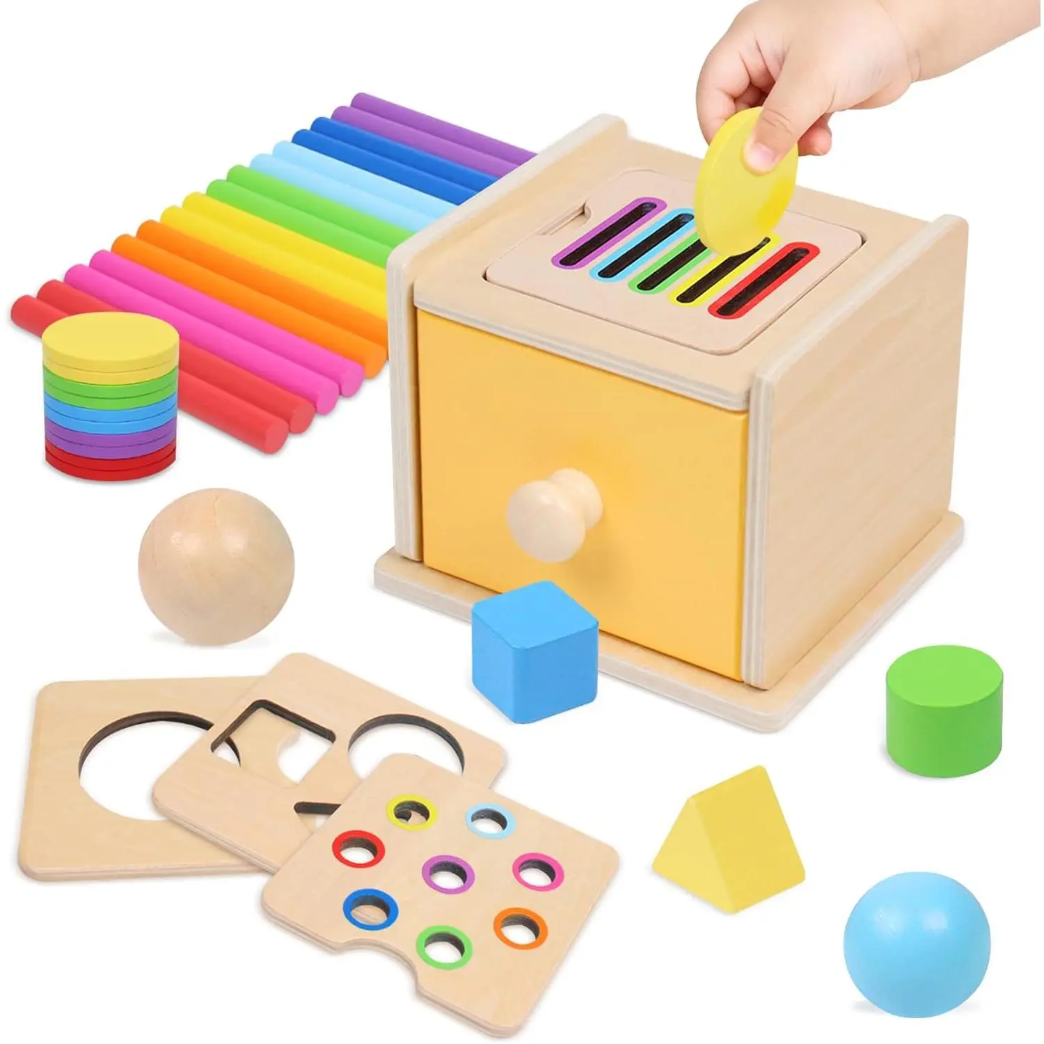 Montessori Toys for 1+ Year Old, 4 in 1 Object Permanence Coin Box, Ball Drop Color Sorting Sensory Fine Motor Skills Toys Shape Sorter for Toddlers 1-3, Gifts for 1 2 3 Year Old Girls Boysfidget toys
