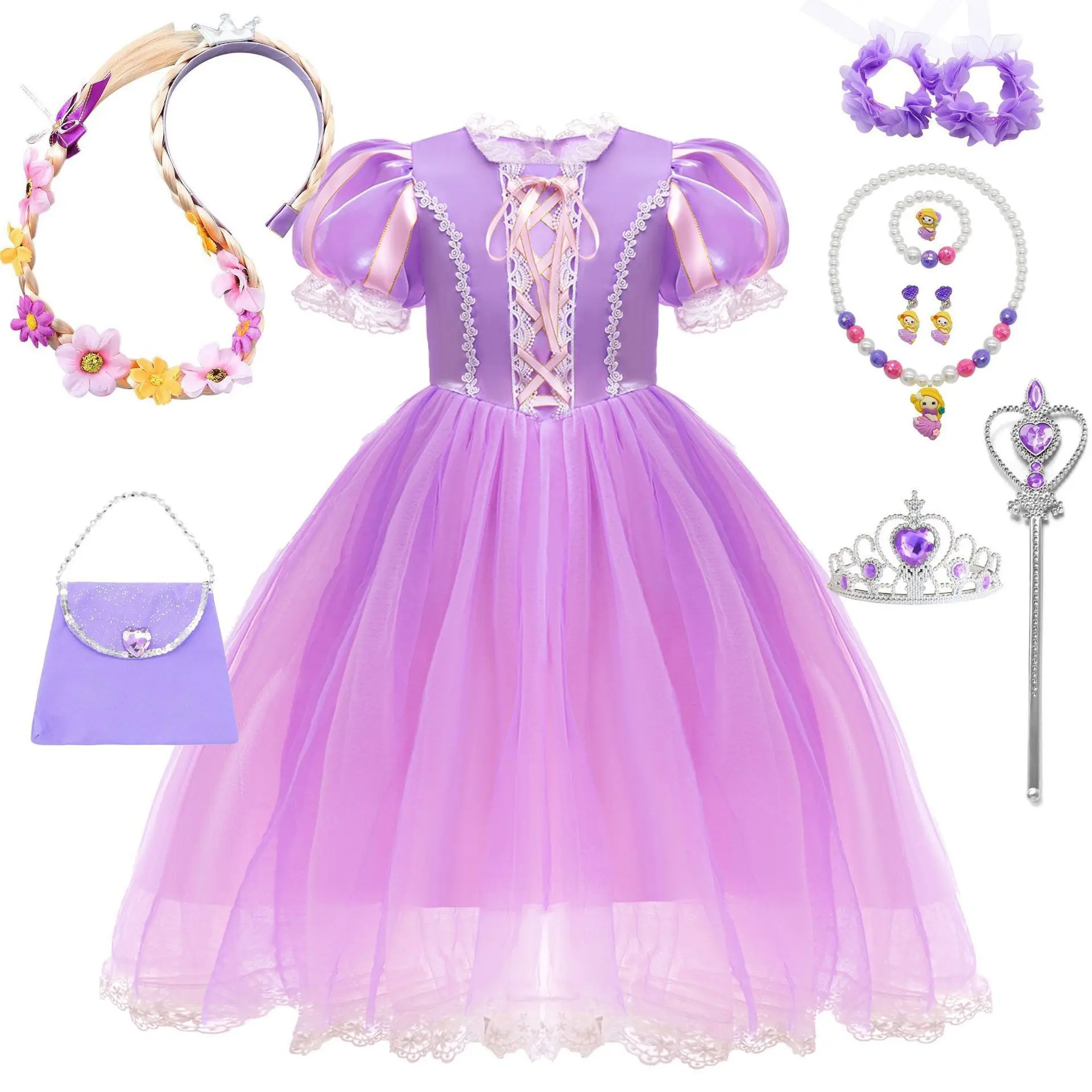 Light-Up Rapunzel Princess Gown for Girls, Tulle Ball Gown with Lace Bodice for Birthday and Halloween Parties, Led Lights, Short Sleeve, Party Wear, Dress
