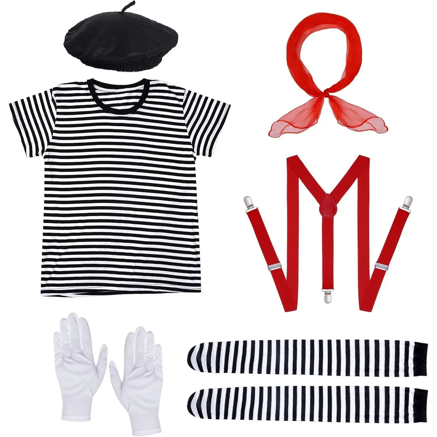 Unisex French Mime Costume with Accessories | Halloween Artist Dress Up Outfit for Women Men Cosplay Party(Gift)