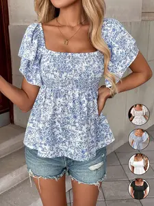 Women's Casual Boho Floral Print Loose Ruffle Sleeve Shirt, Ruffle Hem And Layered Flutter Sleeves In Peplum Blouse， Elastic Waist Top, Comfortable and Stylish, Perfect for Daily Wear