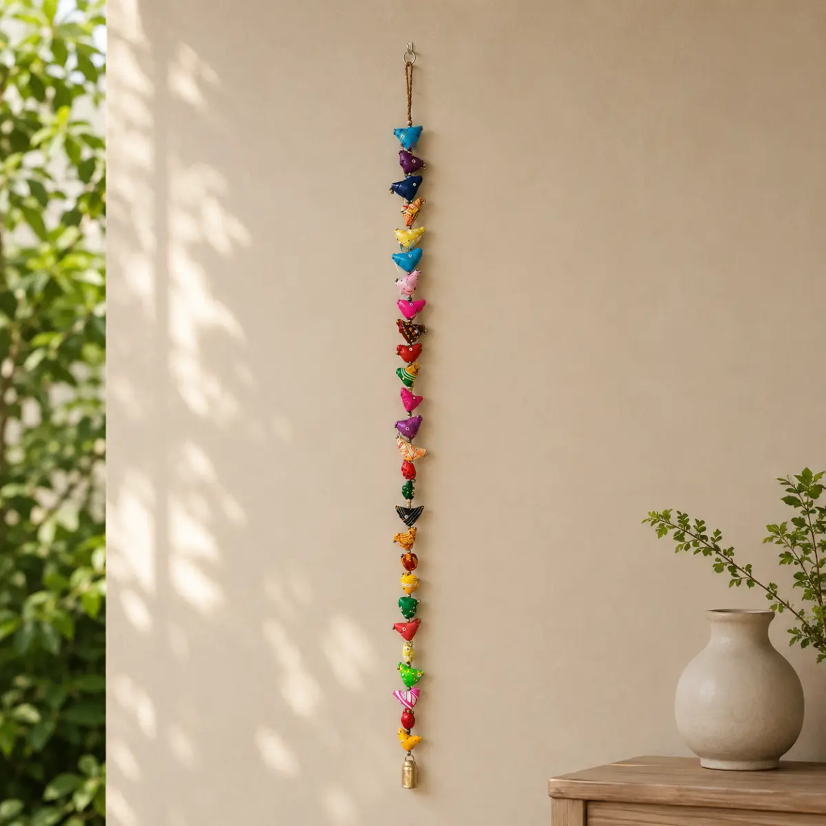Handmade Bird Wall Hanging with Bell - 39" Colorful Cotton Boho Decor
