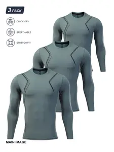 3-Pack Men’s Long Sleeve Compression Shirts, Slate Gray Quick-Dry Breathable Stretch Athletic Base Layer Tops with Black Angular Line Graphic for Gym, Running, Football and Workout Training