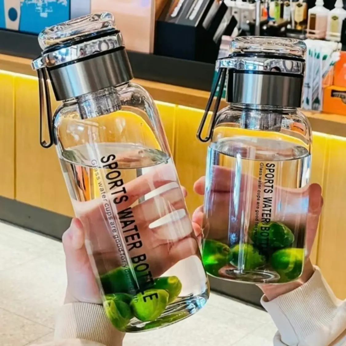 Wide Mouth Borosilicate Glass Sports Water Bottle, Summer Reusable Drinkware with Fruit & Tea Infuser, Stainless Steel Lid & Protective Sleeve, Leakproof Heat Resistant, Food Grade BPA Free Dishwasher Safe for Gym Camping Office Home Use, Clear Bottle