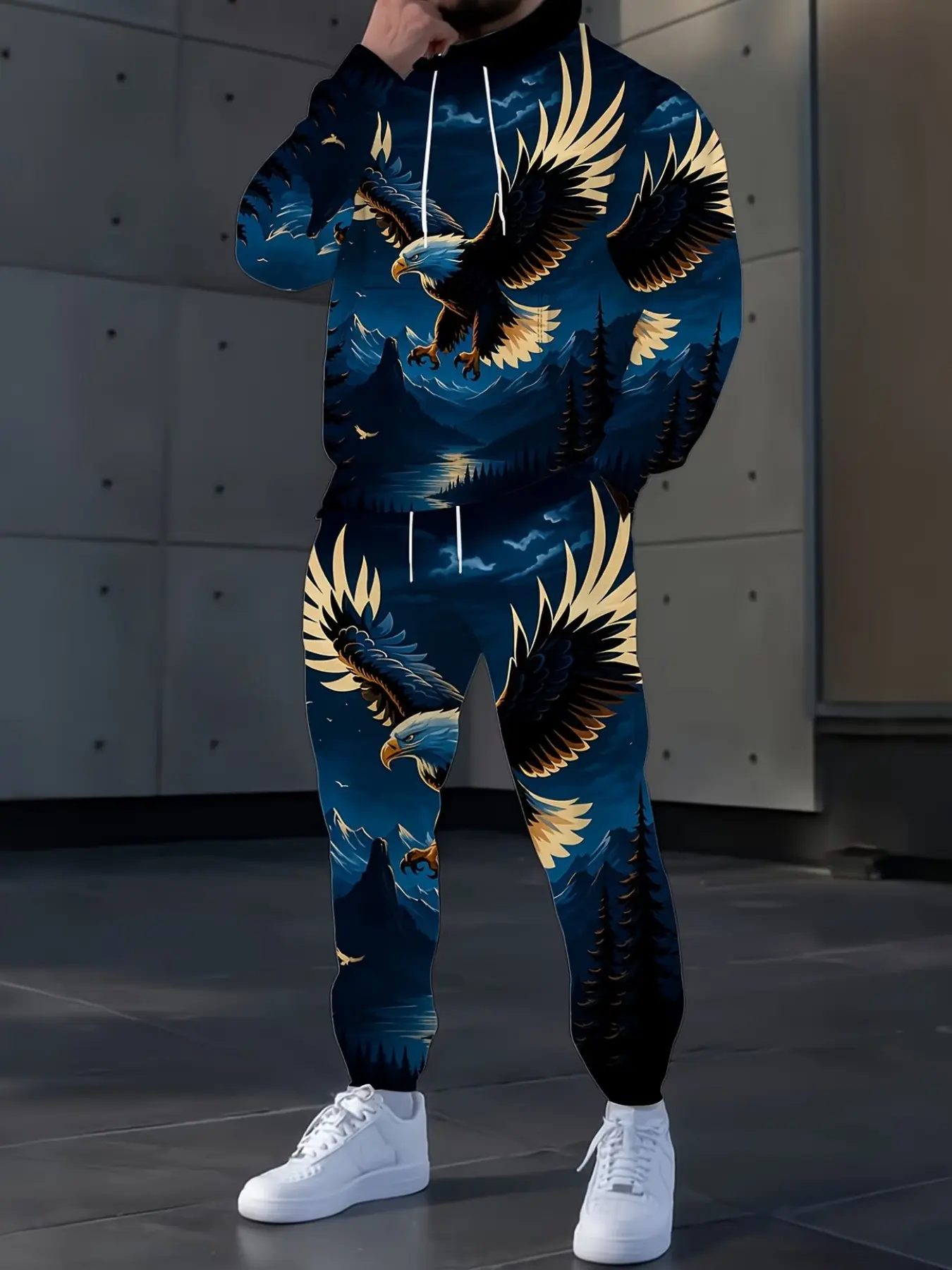 Dark Eagle Print Hooded Sweatshirt Sports Set, Casual Fitted Long Sleeve Top & Pants, All Seasons Comfortable, Casual Activewear Set