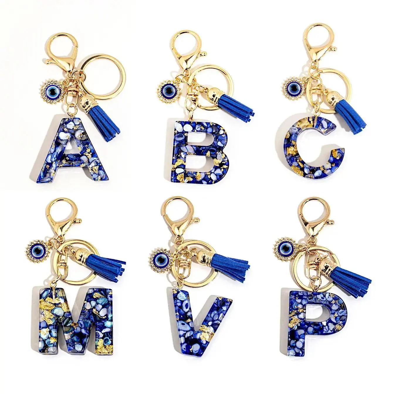 Boho Evil Eye Keychain with Tassel, Personalized A-Z Letter Pendant, Royal Blue Bag Charm for Women's Handbags, Keychain Pendant, Letter A-Z, Initial Keychain