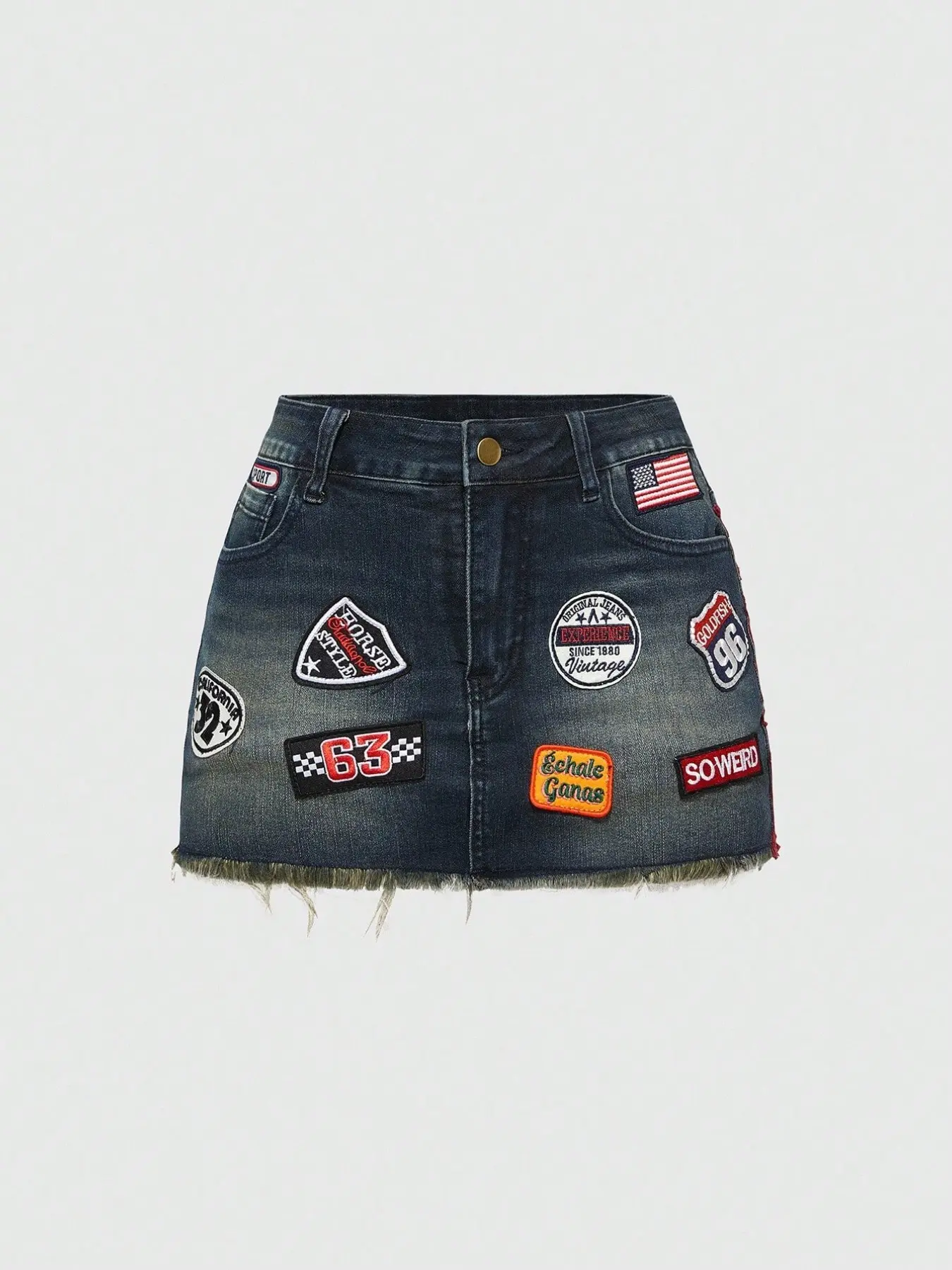 Young Trendy Women | Street/Date Outfit Streetwear | High Waist Multi-Badge Patch Red Number 8 Vintage Washed Denim Micro Mini Skirt | Spliced Distressed Process | American Hot-Girl Style Vibe | Figure-Flattering Eye-Catching Bottoms | Micro Mini Length