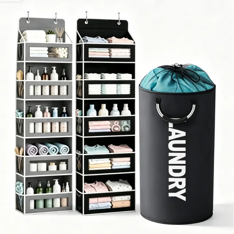 JB-Multi-Use Heavy Duty Storage Bundle: Over-the-Door Mesh Organizer + Foldable Laundry Hamper, 10 Pockets for Clothes/Diapers, 95L Basket, 44Lbs Capacity, 600D Oxford Fabric, for Bedroom Nursery