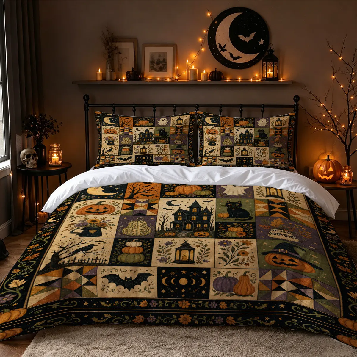 3Pcs Vintage Autumn Pumpkin Haunted House Black Cat Ghost Patchwork Print Duvet Cover Set, Farmhouse Halloween Harvest Bedding with 1 Duvet Cover and 2 Pillowcases, No Comforter, Fall Bedroom Decor for Adults, Apartments, Dorms and Guest Rooms