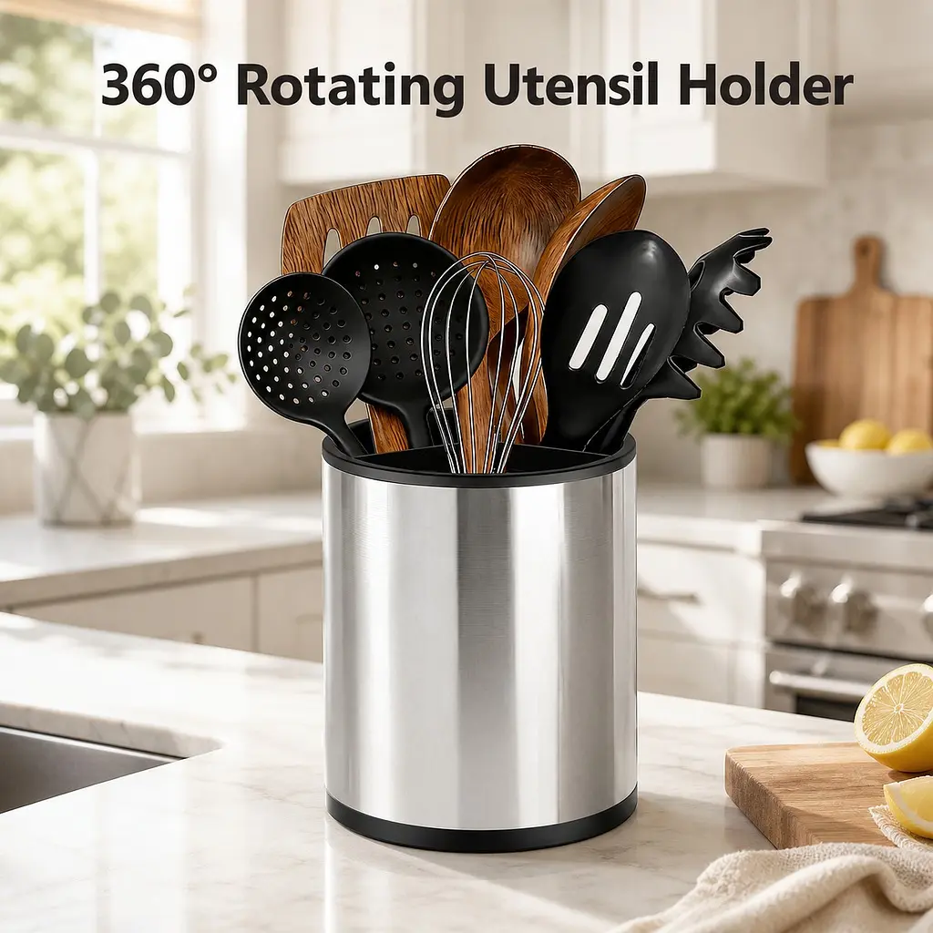 Littleox Kitchen Utensil Holder Large 360 Rotating Stainless Steel Storage Cooking Utensil Organizer for Countertop 3 Compartment Spatula Tool Caddy