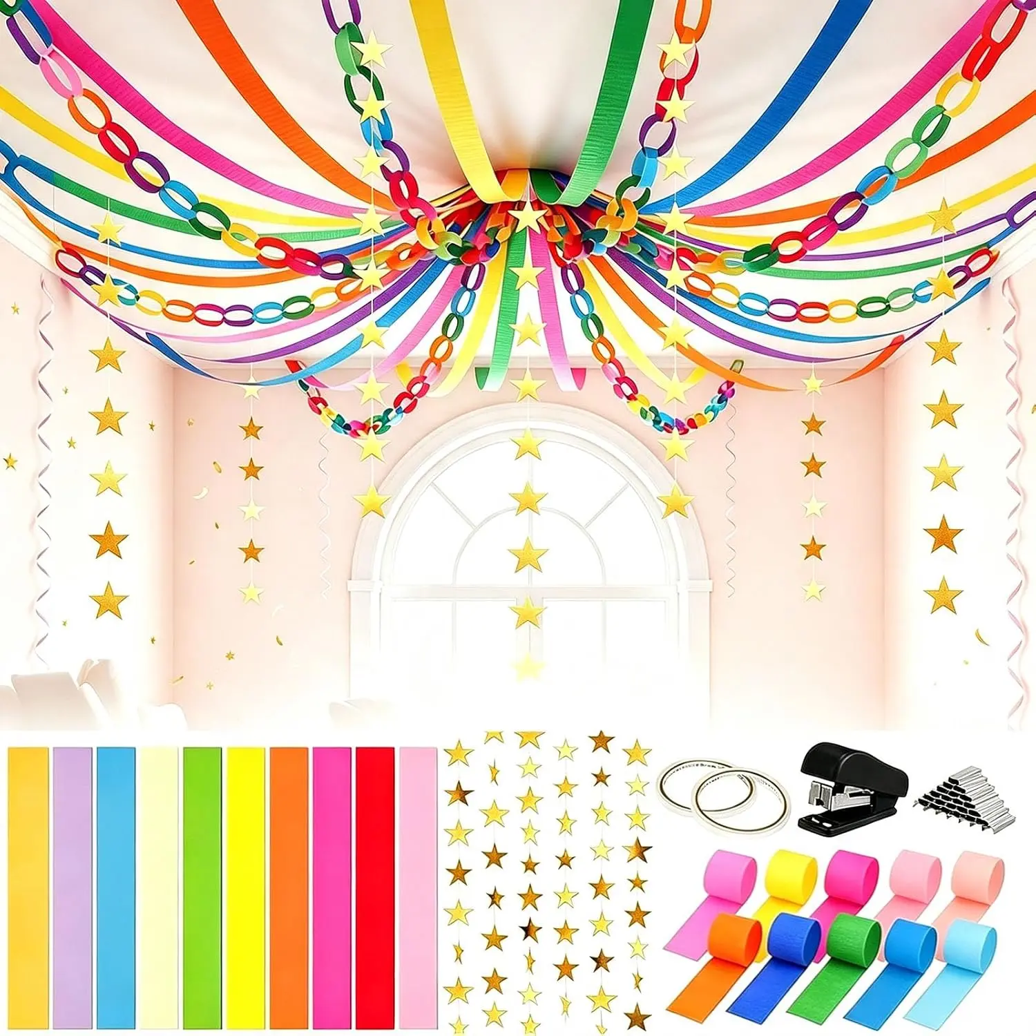 Rainbow Crepe Paper Chain Strips Streamers Garland Set with Glitter Stars, 10 Rolls, 1000 Sheets Strips, 52.8 ft Total Garlands, Birthday Decor, DIY Crafts Backdrop for Weddings