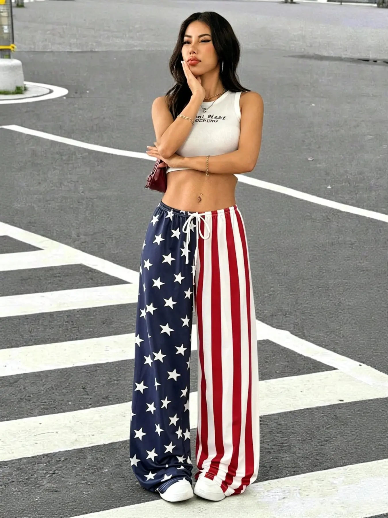 2026 Summer Retro Blue Patchwork Print High Waist Wide Leg Pants, Loose Fit Lazy Style Outerwear, Daily Wear Casual Pants Bottoms