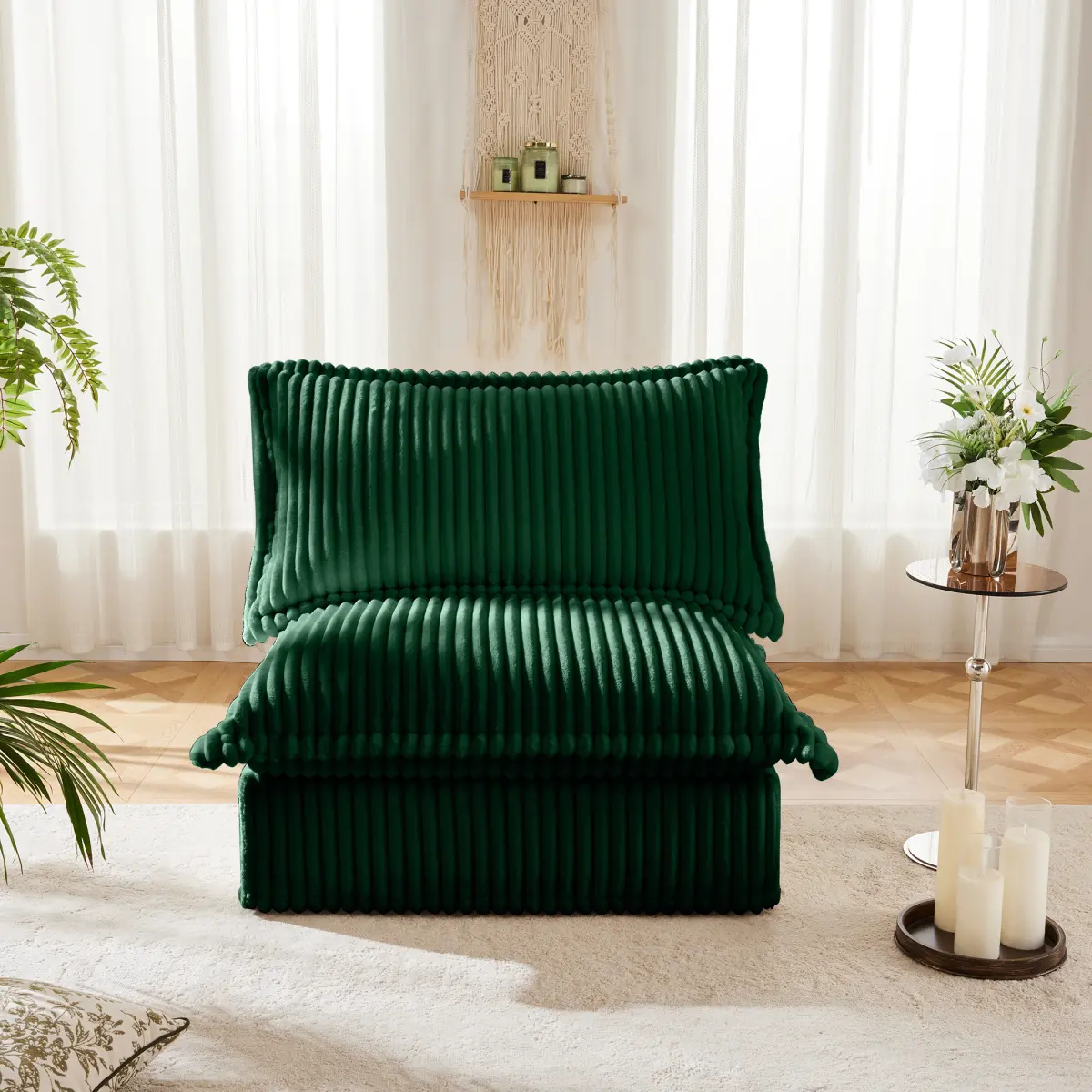 Indoor Armless Corduroy Single-Seat Sofa - Green Contemporary 1-Person Couch, Sturdy Cotton-Cord Upholstery, High-Density High-Resilience Sponge Fill, Deep Seat, Easy Removable Cover, 36.61x33.07x34.64in, 300lbs Capacity, Children-Friendly, Cascading Hem
