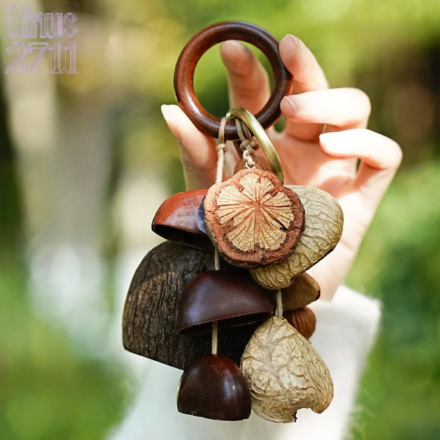 Warm Earth Tone Natural Fruit Shell Bell Bag Charm Handmade Boho Seed Pod Keychain Wooden Ring Rattle Pendant