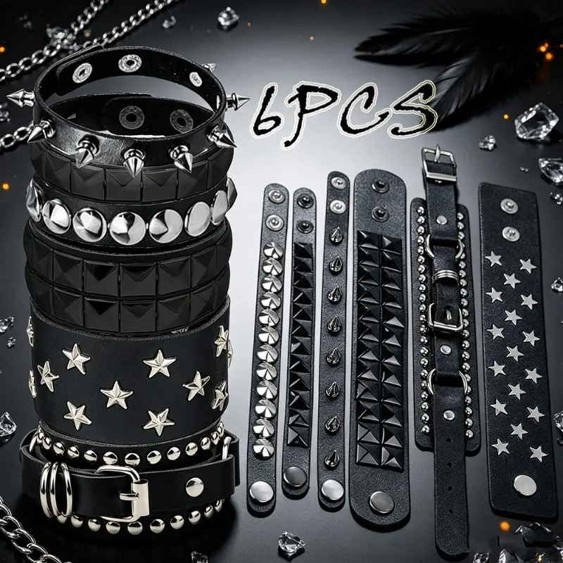 Unisex 6pcs Punk Gothic Faux Leather Bracelet Set - Black Star Spikes, Rivet Studded Adjustable Layered Cuffs, Halloween Aesthetic Cosplay Party Jewelry Gifts