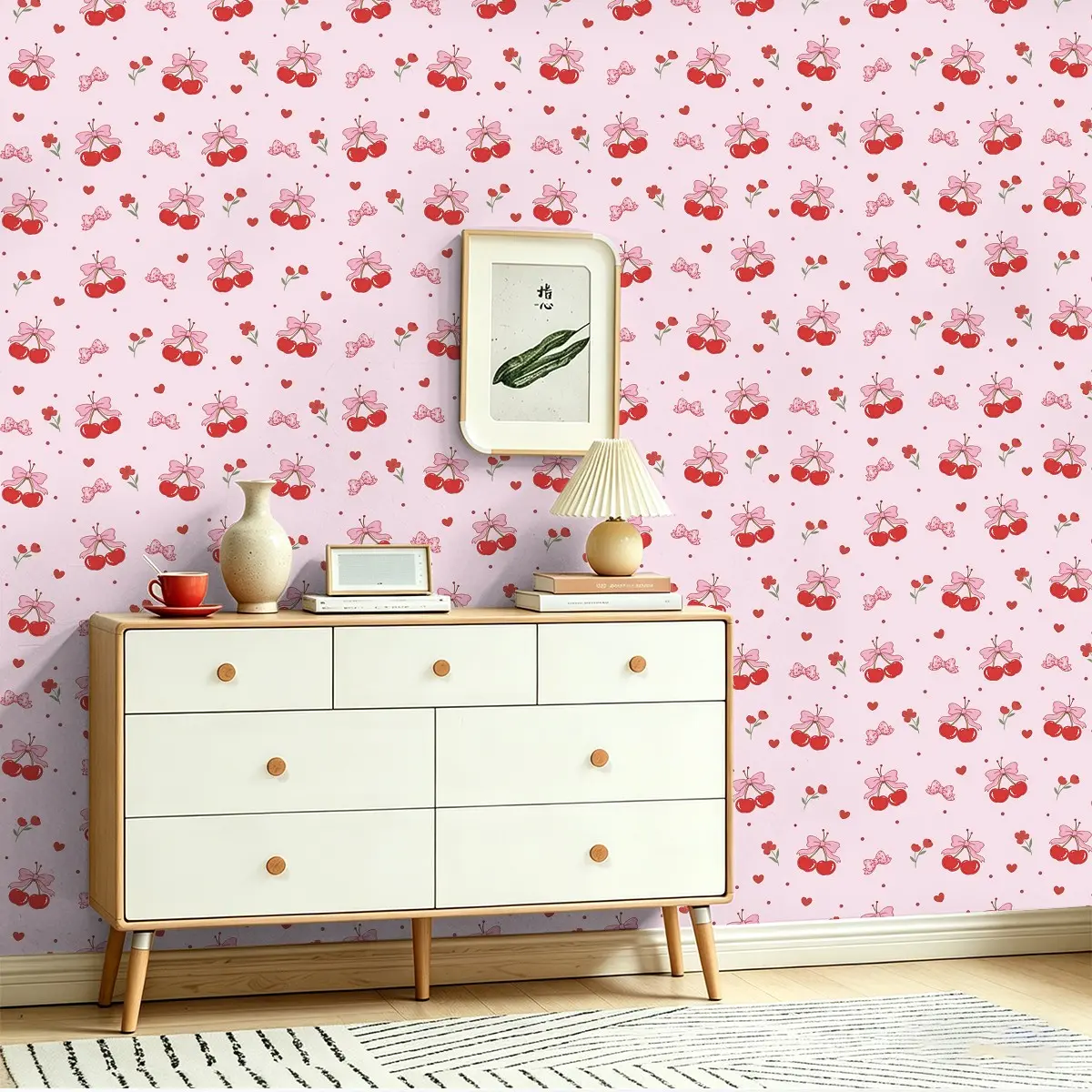 Seamless Peel and Stick Wallpaper Roll, Cherry & Bow Pattern, Durable Colorfast Finish, Covers Wall Imperfections, Home Renovation, Self Stick Wallpaper, Bedroom Wallpaper, Interior Wall