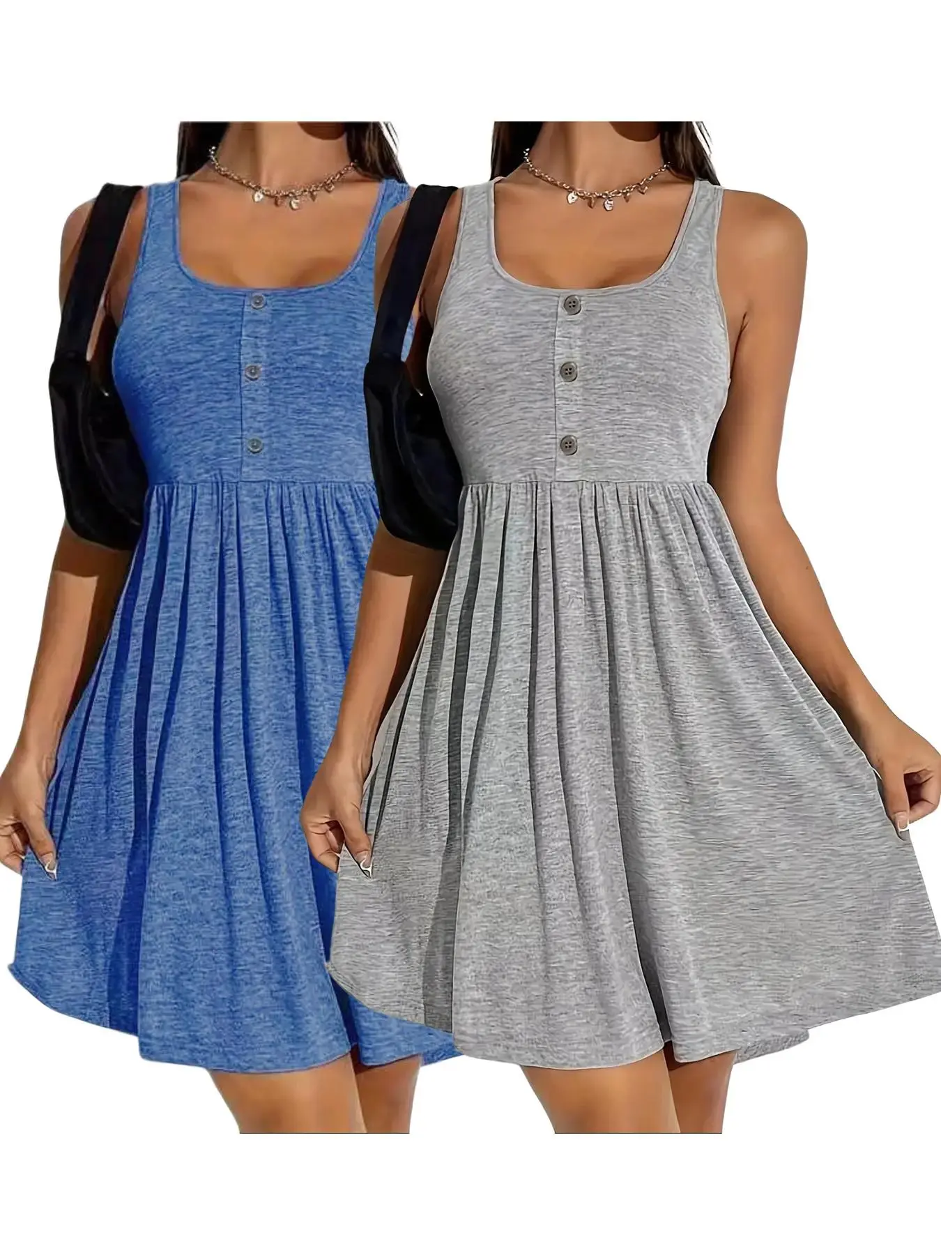 Plus Size Fake Buttons Scoop Neck Tank Dress, Summer Clothes Women Casual Plain Stretchy Sleeveless A Line Dress for Summer, Summer Outfits 2024, Women's Clothes for Daily Wear