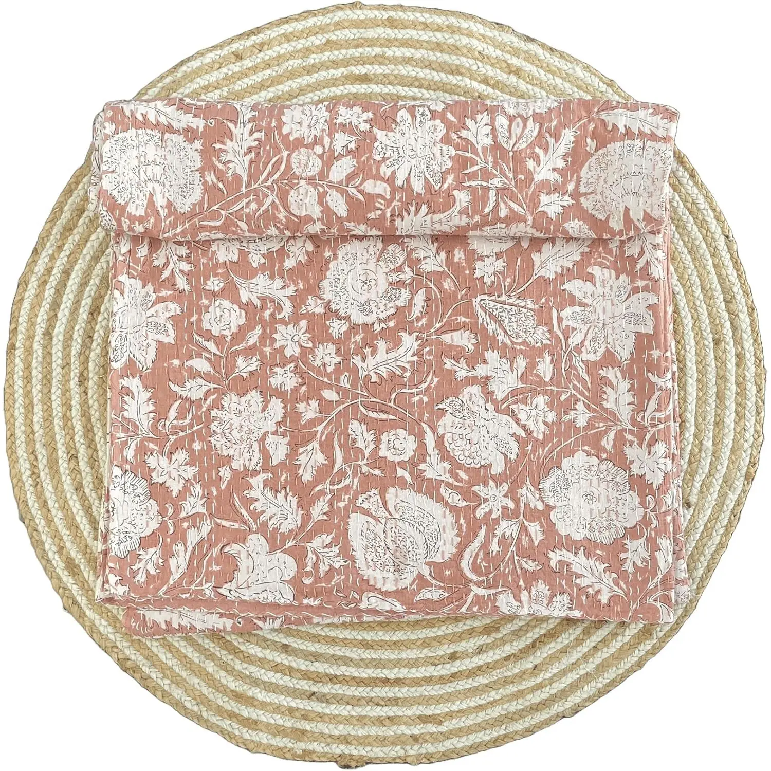 Floral Printed Handmade Handblock Kantha Quilted Blanket Vintage Home Decorative Throw Bedcover Multiple Sizes Peach Twin 60X90 inches