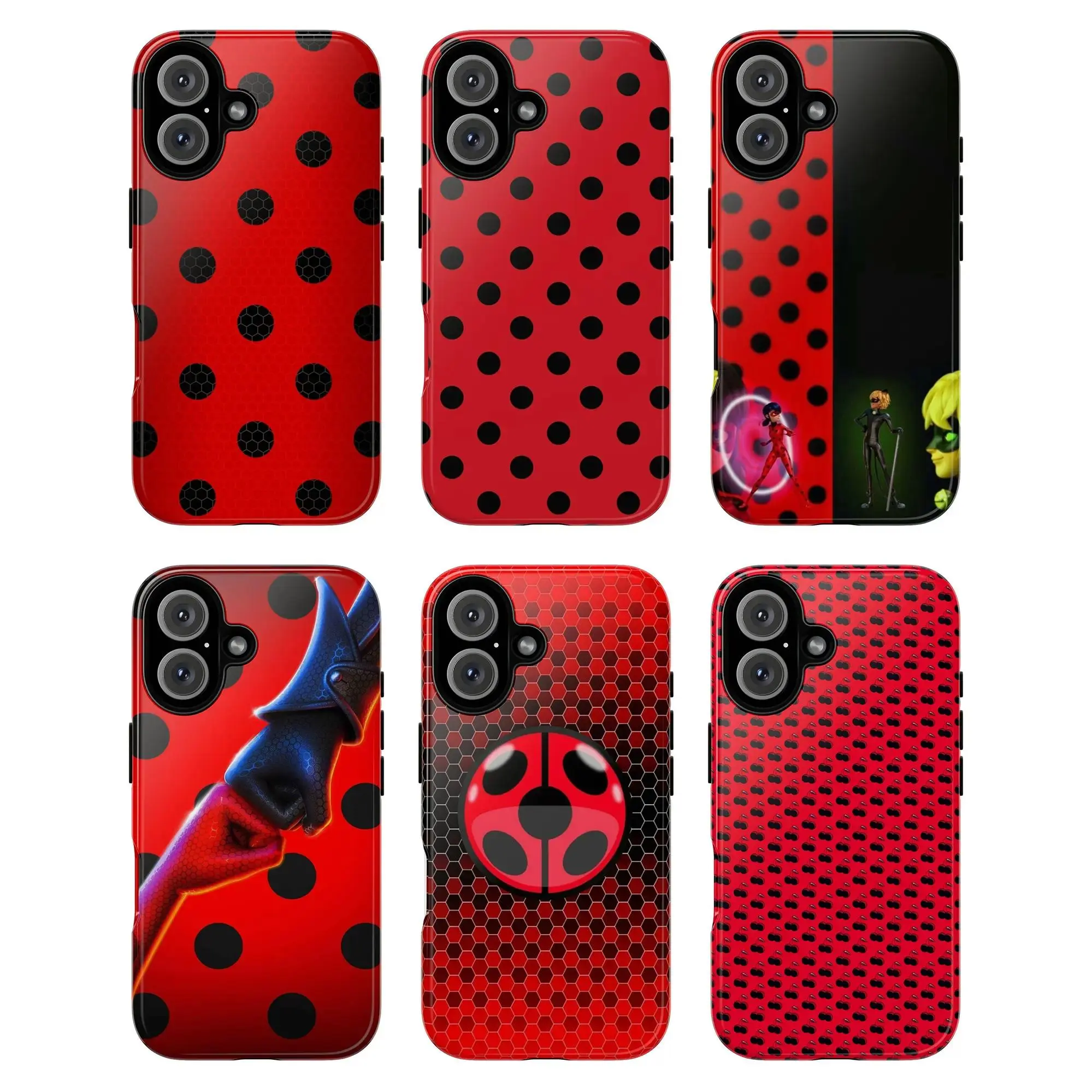 Miraculous Ladybug Phone Case, Red Black Polka Dot Inspired by Miraculous Ladybug Cartoon Characters Ladybug Cat Noir Minimal Geometric Style Hexagon Texture Hearts Symbol Playful Artistic Retro Aesthetic Suitable for iPhone 17-11 Pro Max/Plus and  Samsun