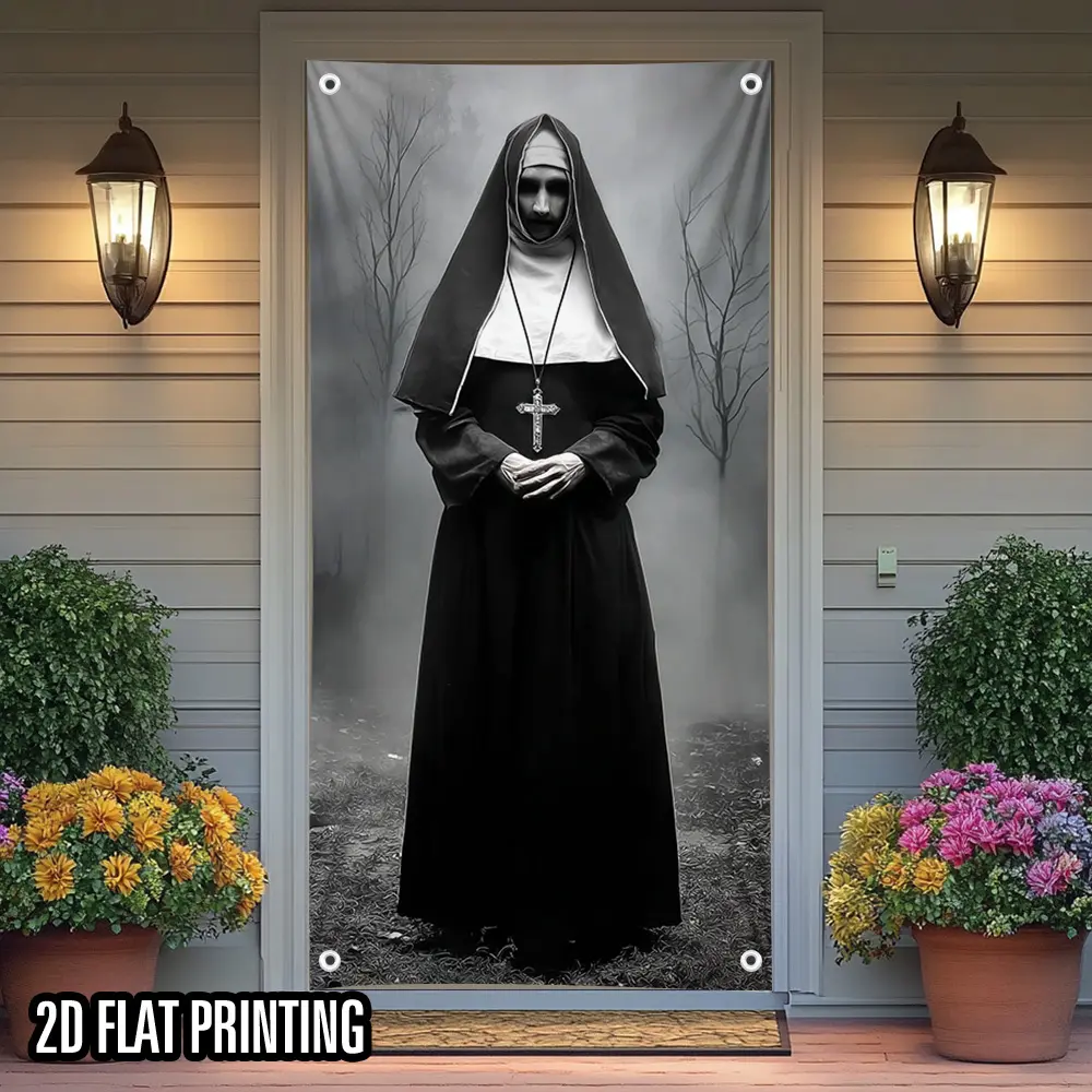 2D door curtain banner, Halloween nun themed horror polyester hanging decoration, no need for electricity, suitable for multiple occasions parties and events, compatible with most Halloween decorations, eerie style design, convenient hanging tc