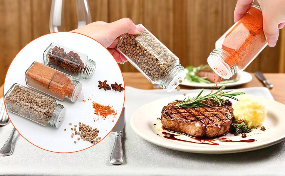 24pcs Spice Jars with180 Labels,Glass Spice Jars, Seasoning Containers,Seasoning Organizer,Include black metal lid, pen, grinder, stainless steel funnel, two type inner plugs