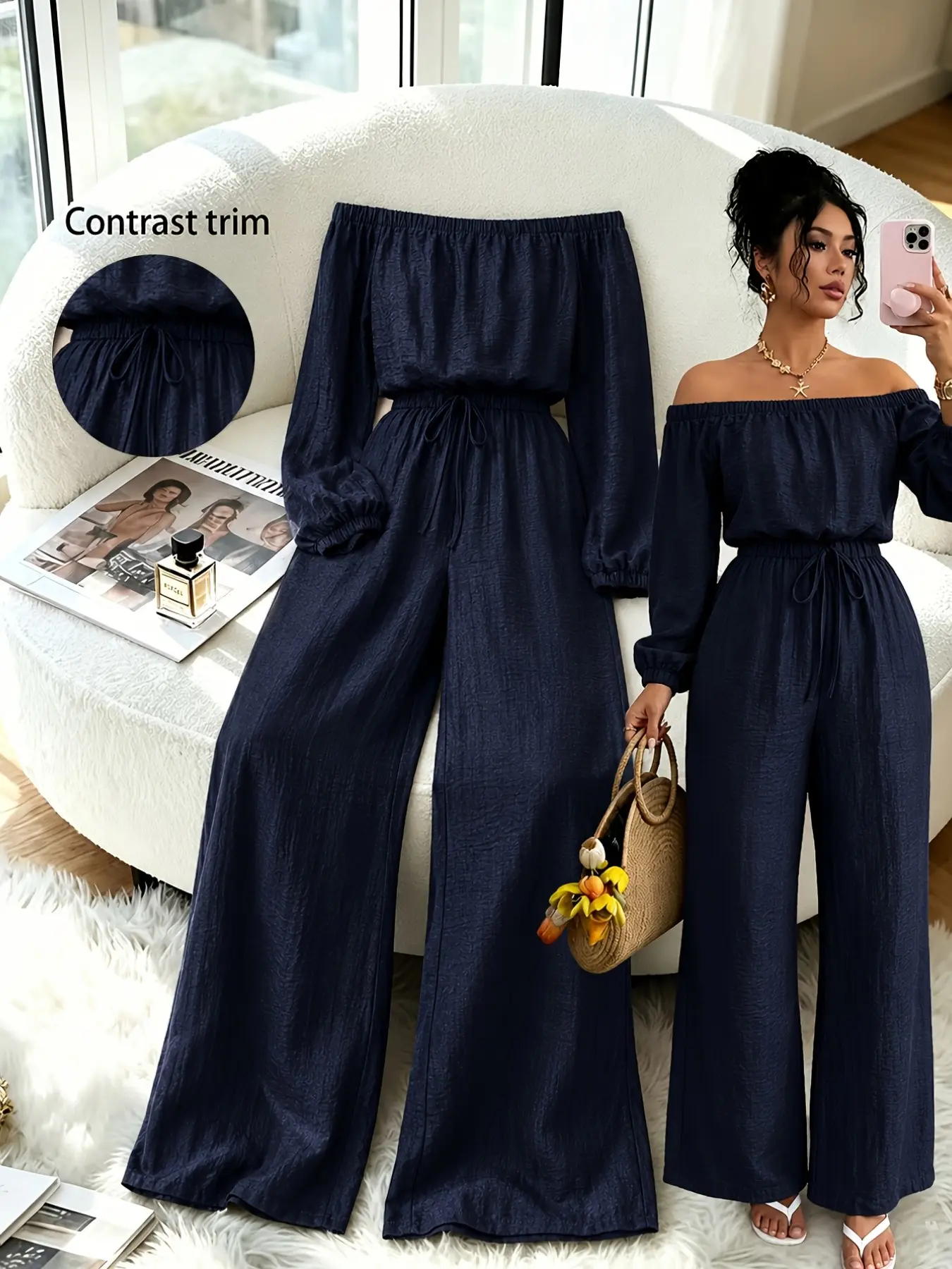 Women's Off-Shoulder Bishop Sleeve Jumpsuit, High-Waisted Adjustable Drawstring Flowy Wide-Leg Jumpsuit for Vacation, Stylish Chic Lounge Wear