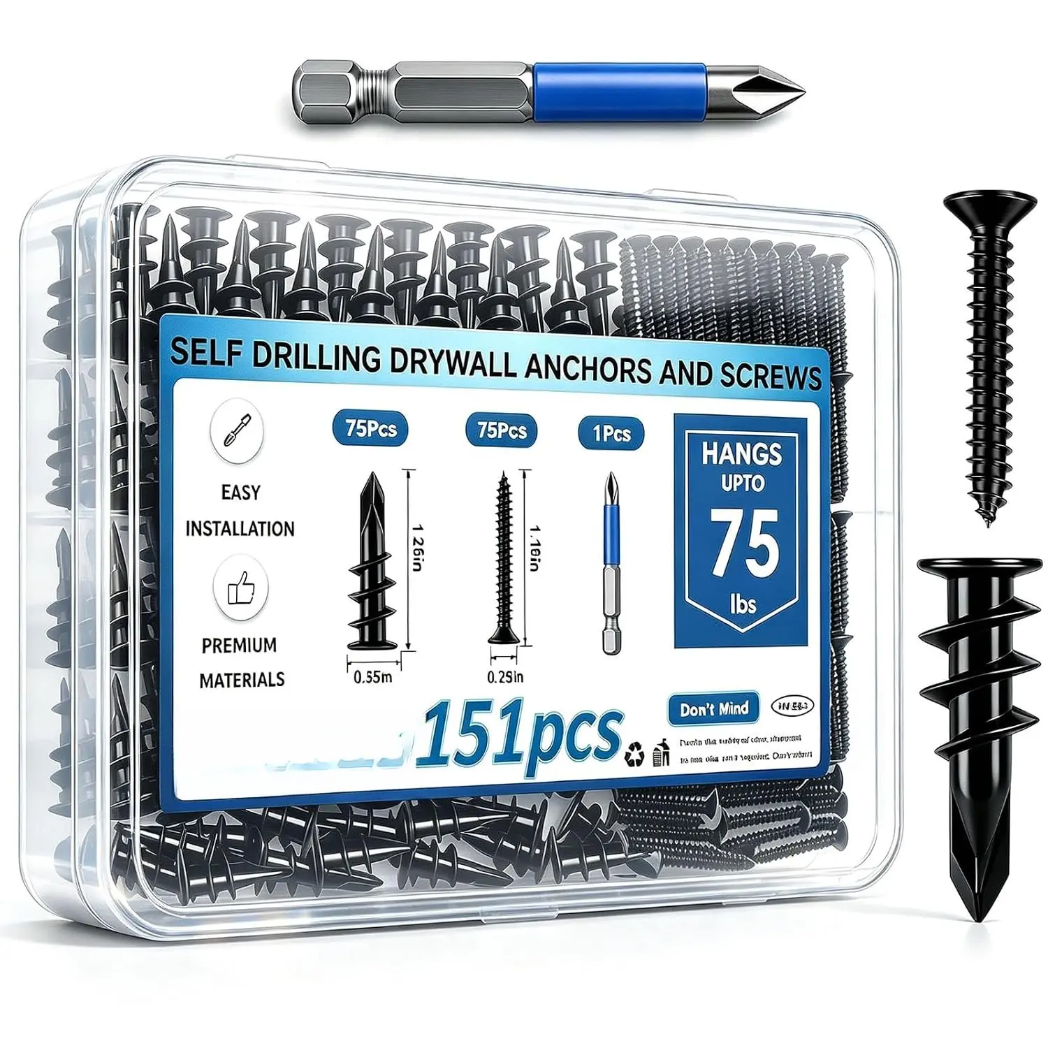 151 count Black Self Drilling Drywall Anchors with Screws Kit, 75 count #8 Self-Tapping Screw, 75 count Drywall Anchor, 1 count Drill bit Holds Upto 75lbs
