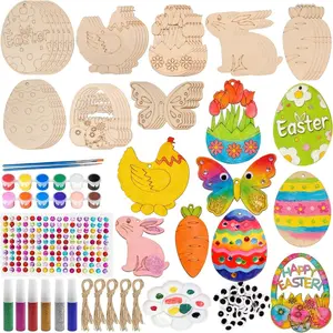 Easter Wooden Painting Craft Kit, 40 count Unfinished Easter Wooden Ornaments, DIY  Cutouts Egg Bunny Chick  Ornaments Craft Kits for Adults Spring Party  Decorations