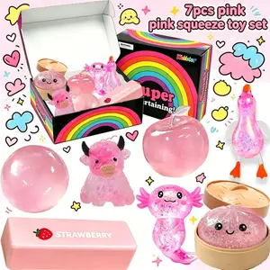 7 Pack Pink Series Glitter Squeeze Stress Relief Toys, Soft Portable Sensory Fidget Balls, Apple, Round Ball, Calf, Butter Stick, Steamed Bun, Salamander, Duck Soft Cute Toys, Ideal Birthday & Party Gifts for Kids Adults Anxiety Relief