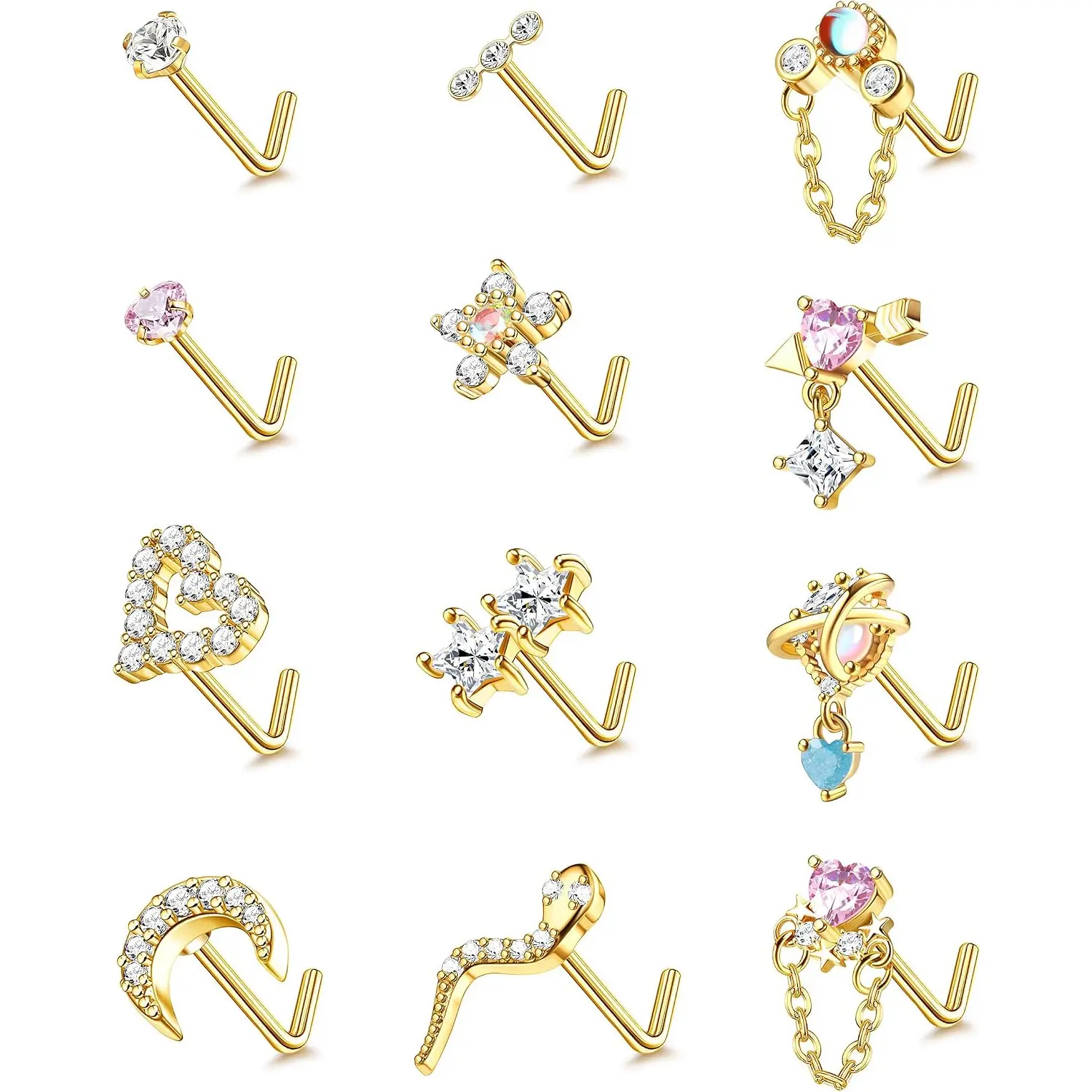 12 Pcs 20G Earrings & Studs for Women, Surgical Steel L-Shape Nose Rings, CZ Heart Snake Flower Earrings, Nose Ring & Earring Set