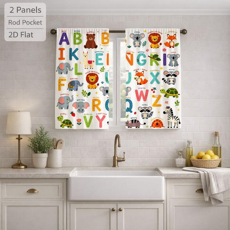 2Pcs Cartoon Animal Alphabet Kids Curtains Digital Printed Rod Pocket, Window Treatment For Bedroom Office Kitchen Living Room Study Home Decor