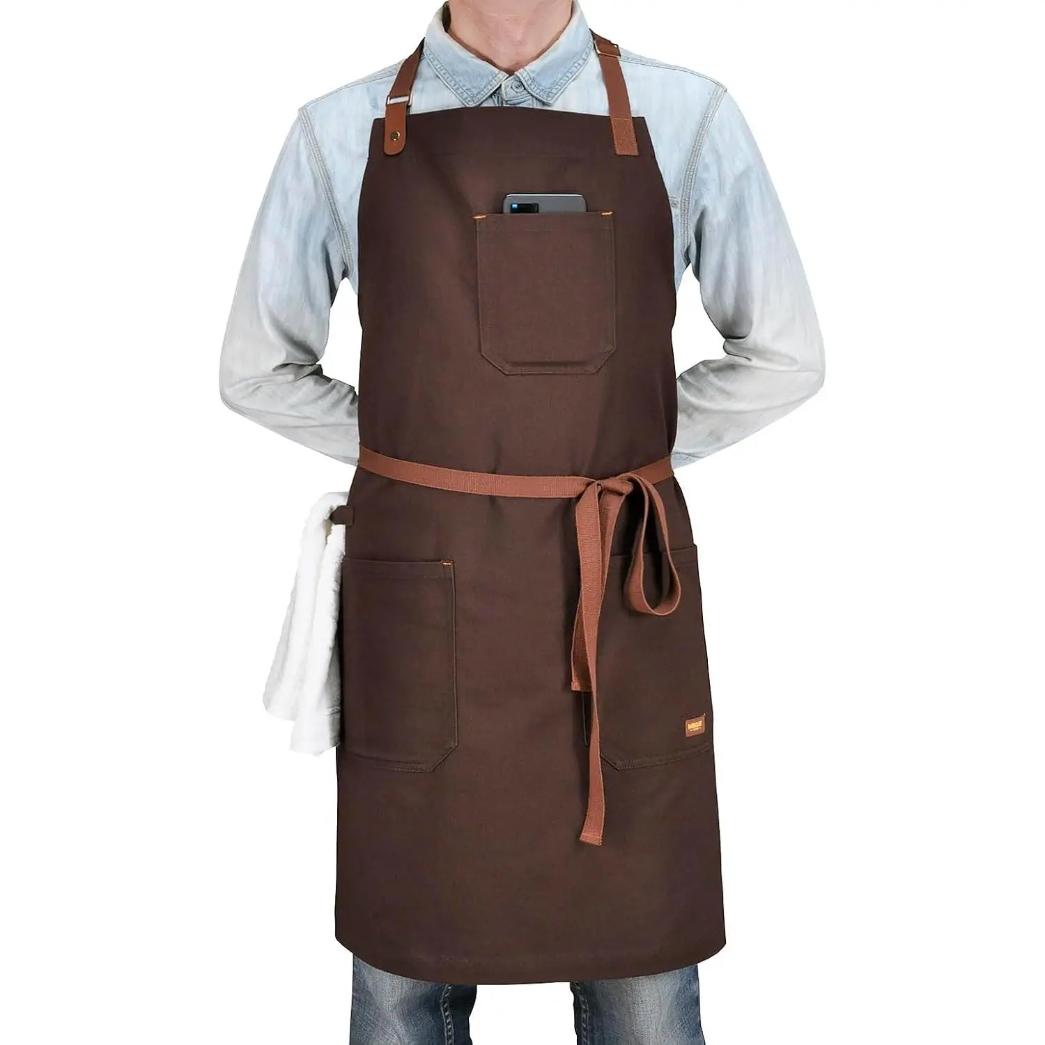 Men’s Women’s Modern Synthetic Chef Apron with Pockets – Professional Bib Apron for Cooking, Grill | Adjustable Strap, Towel Loop, Brown