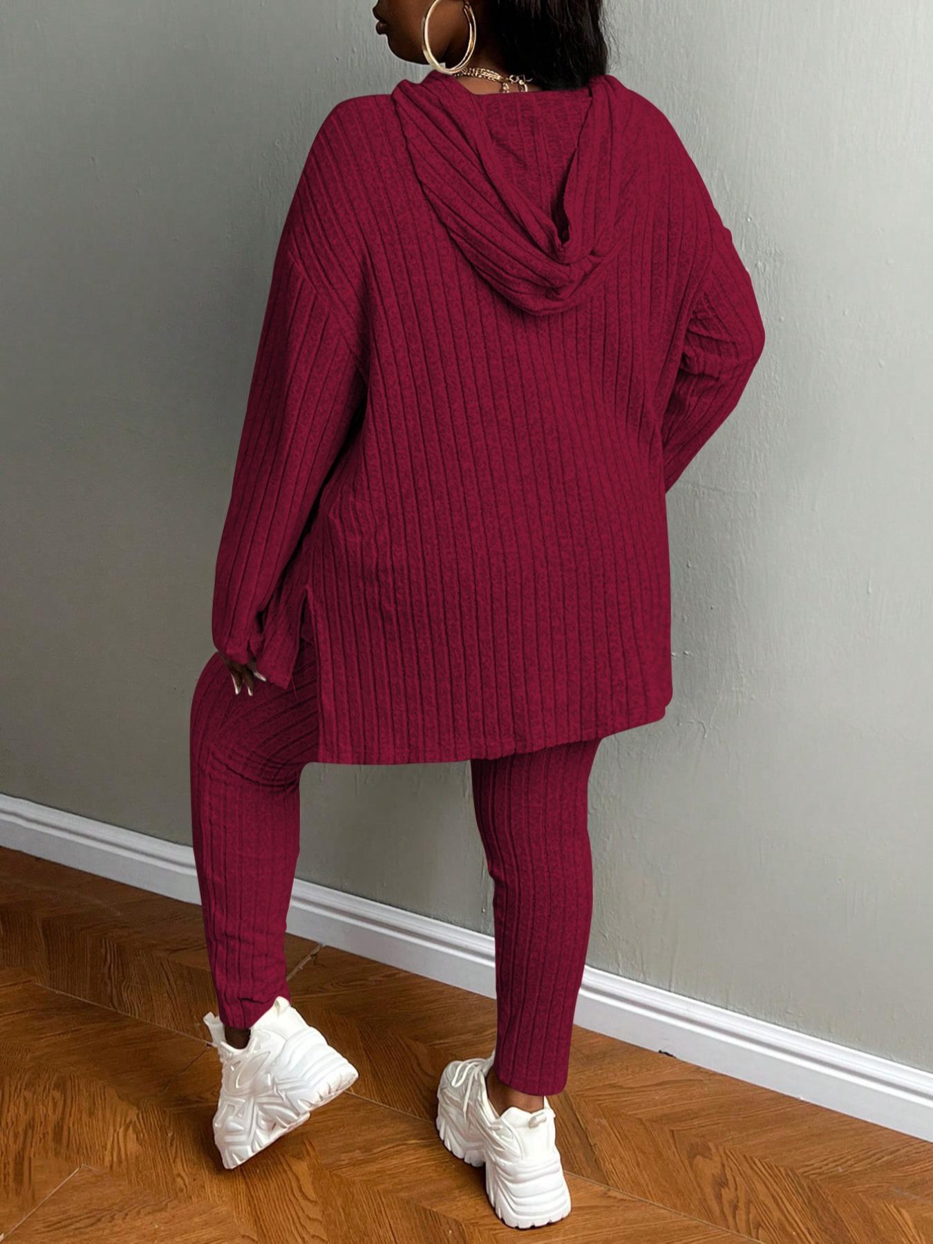 [Plus Size] Women's Two-Piece Set Solid Textured Ribbed Drop Shoulder Long Sleeve Hoodie & Elastic Waist Pants, Casual Fashion Cozy Ribbed Outfits for Daily Outdoor Wear, Ladies Clothing for Fall & Winter