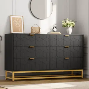 Contemporary Storage 6-Drawer Dresser - Modern 53.5" Wide Chest with Gold Accents & Metal Handles, Versatile Organizer for Bedroom, Living Room, or Hallway
