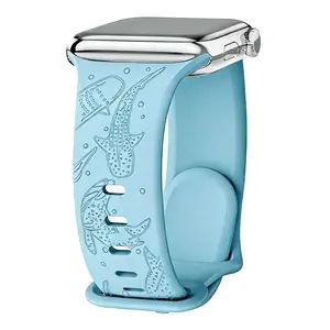 Laser Engraved Whale & Bubble Ocean Pattern Silicone Watch Band, Marine Animal Sport Replacement Strap Compatible with Apple Watch