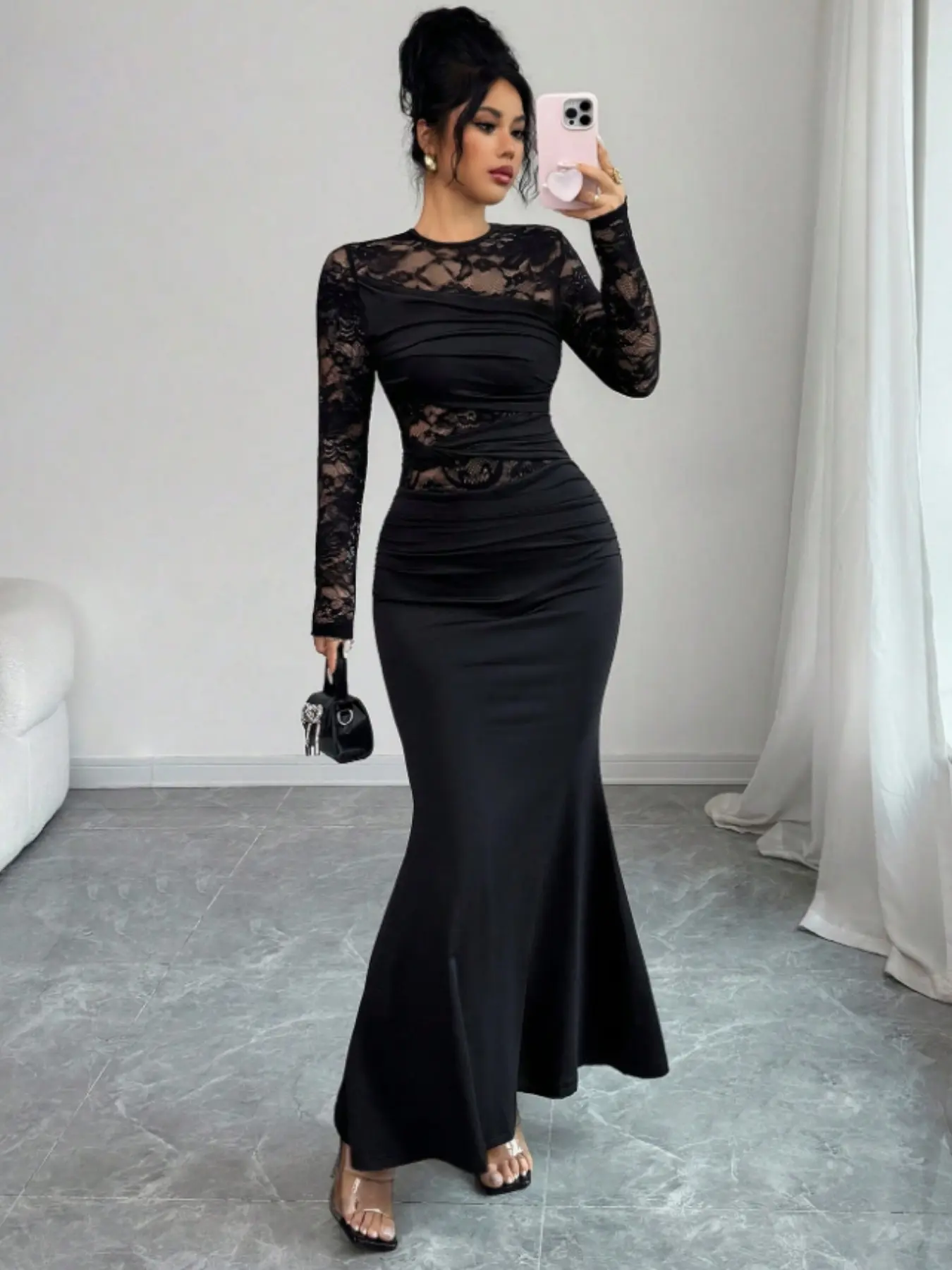Sheer Floral Lace Long Sleeve Fish Tail Floor-Length Dress, Elegant Fitted Waist Slimming Bodycon Gown for Parties Weddings