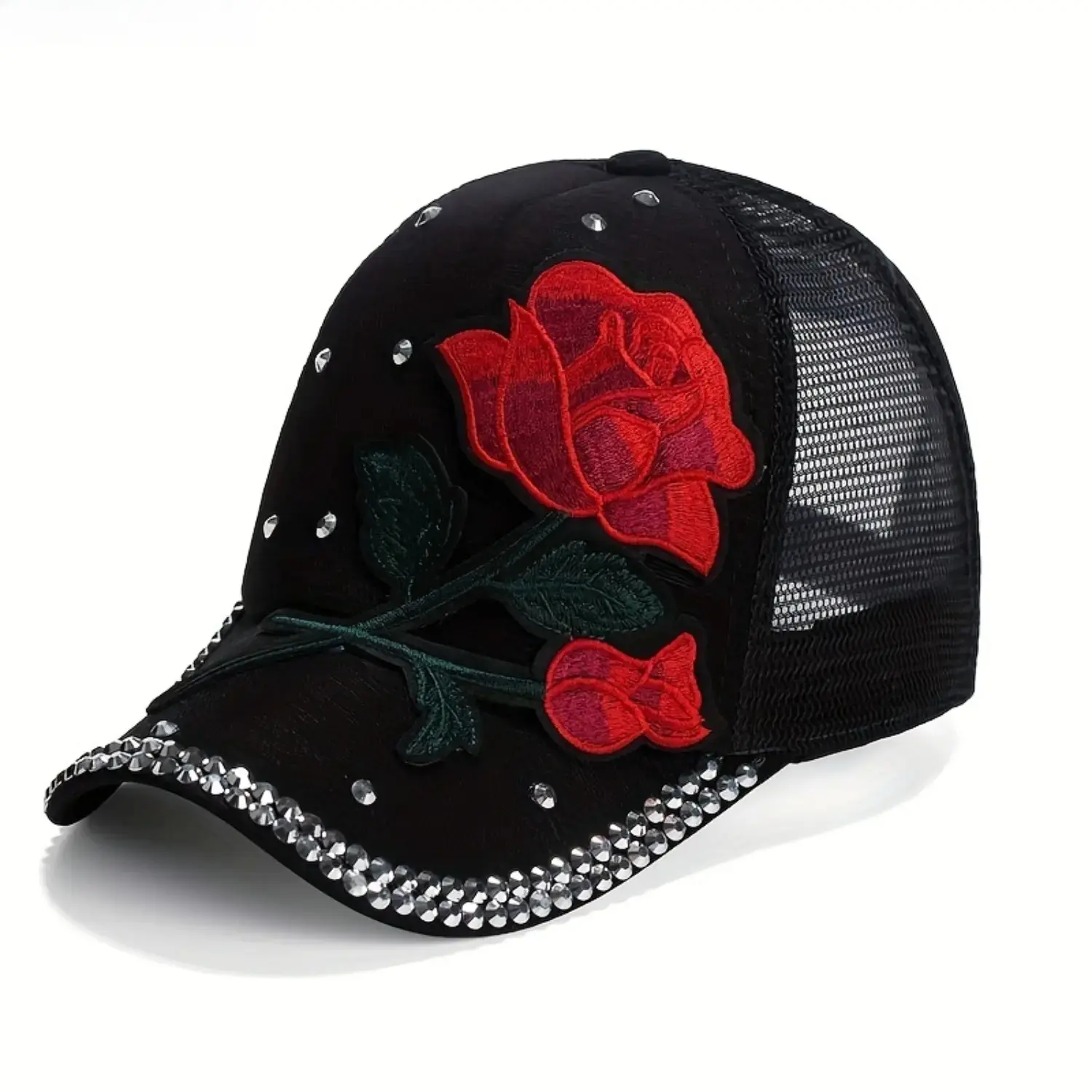 Women's Red Rose Patch Embroidered Trucker Hat - Classic Mesh Fabric Baseball Cap with Rhinestone Decor, Adjustable Snapback Strap, Sunshade Visor, Breathable for Outdoor Wear, Streetwear, Casual Fashion Sports, Embroidery