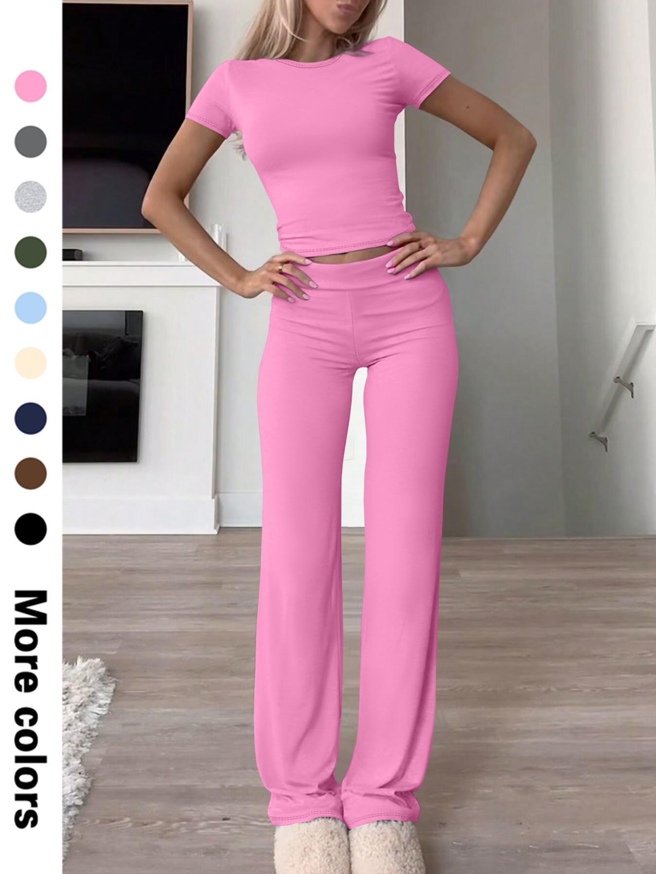 Women's Solid Crop Tee & Flare Leg Pants Two-piece Set, Casual Fashion Cozy Breathable Two Piece Outfits for Daily Outdoor Wear, Ladies Clothes for All Seasons