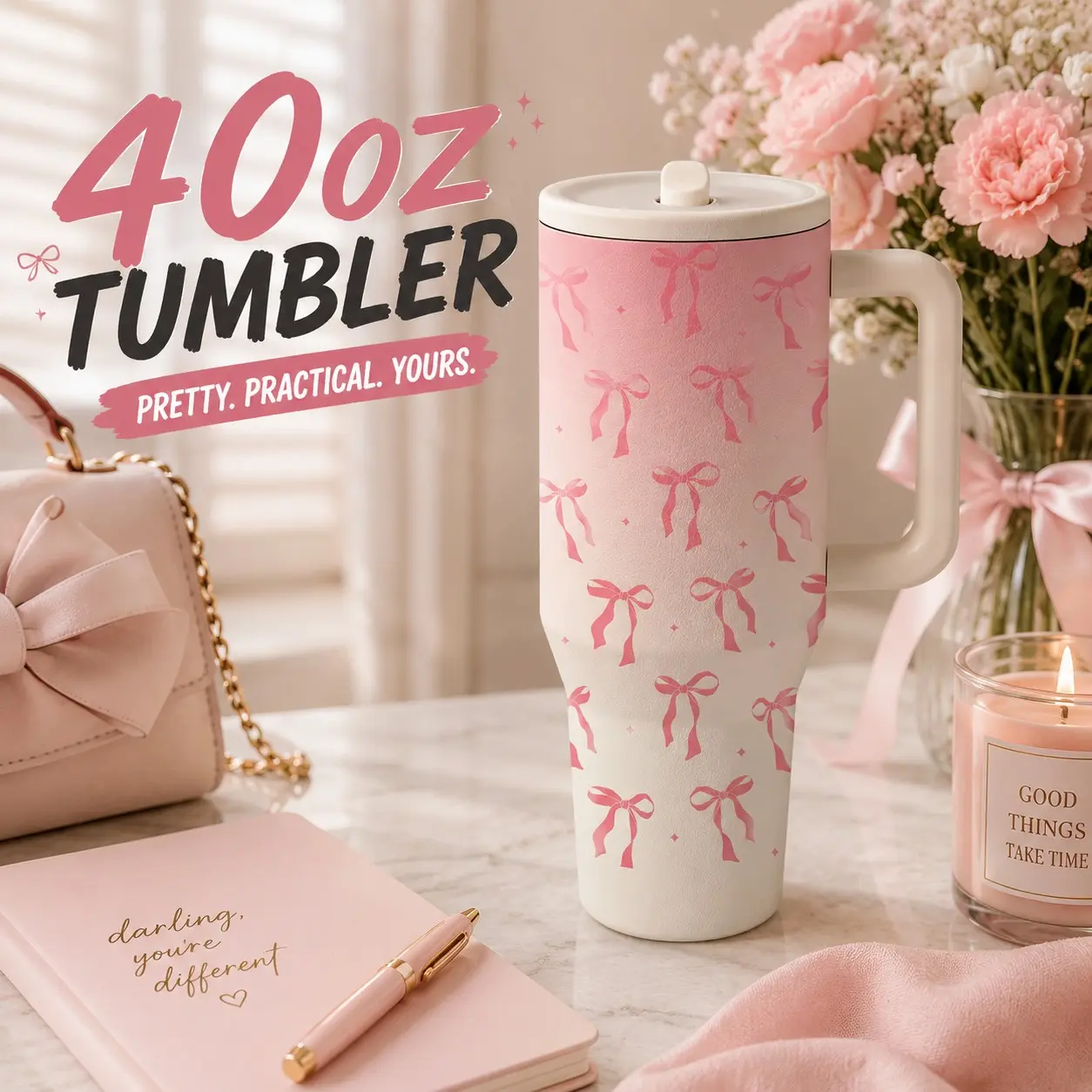 1 Pc 40oz Pink Bow Insulated Tumbler With Handle, Double Wall Vacuum Stainless Steel Cup, Keeps Cold 24H Hot 12H, Leakproof Travel Mug for Coffee, Office, Car, Daily Use, Cute Coquette Style Cup, Stylish Gift for Women, Friends, Birthdays, Holidays