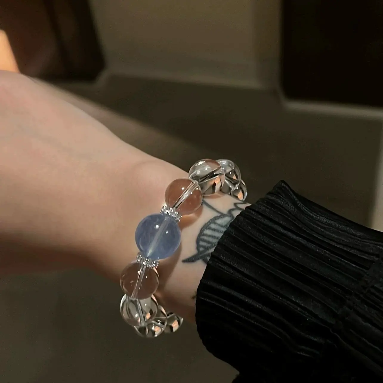 Natural Aquamarine & Clear Quartz Beaded Bracelet | Silver Tone CZ Spacer | Dainty Elegant Crystal Jewelry