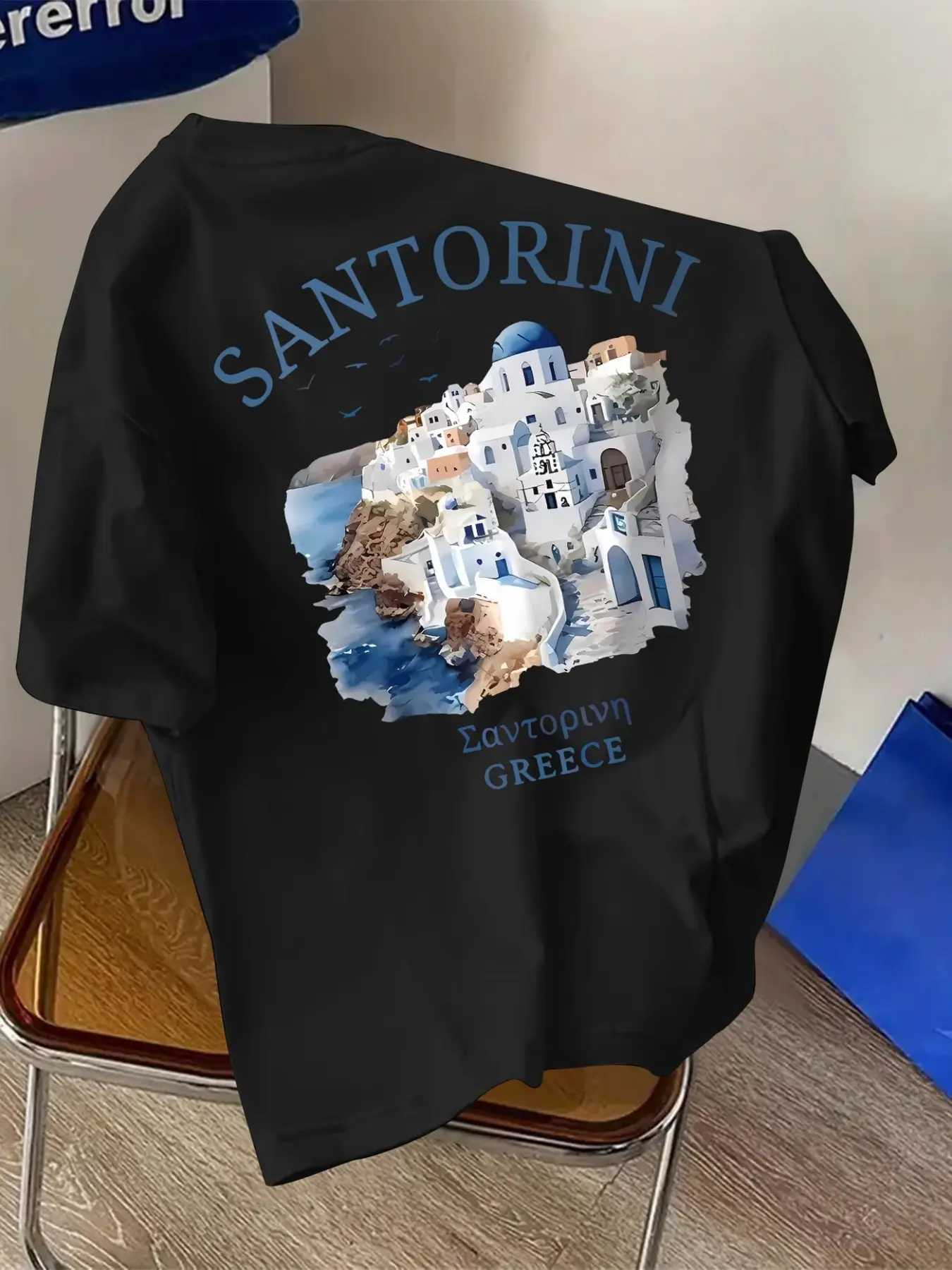 Back Watercolor Santorini Landscape Print Short Sleeve Unisex Retro Greek Island Crop Top, Loose T-Shirt, Casual Style