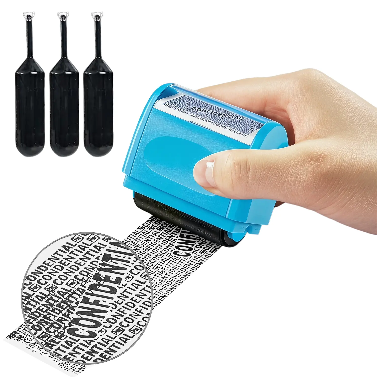 Pukegm Identity Theft Protection Roller Stamp - Confidential Privacy Guard with Wide Coverage Ink Roller, 3 Refill Bottles, Data Blocking, Info Masking for Home Office Addresses, Account IDs & Private Data
