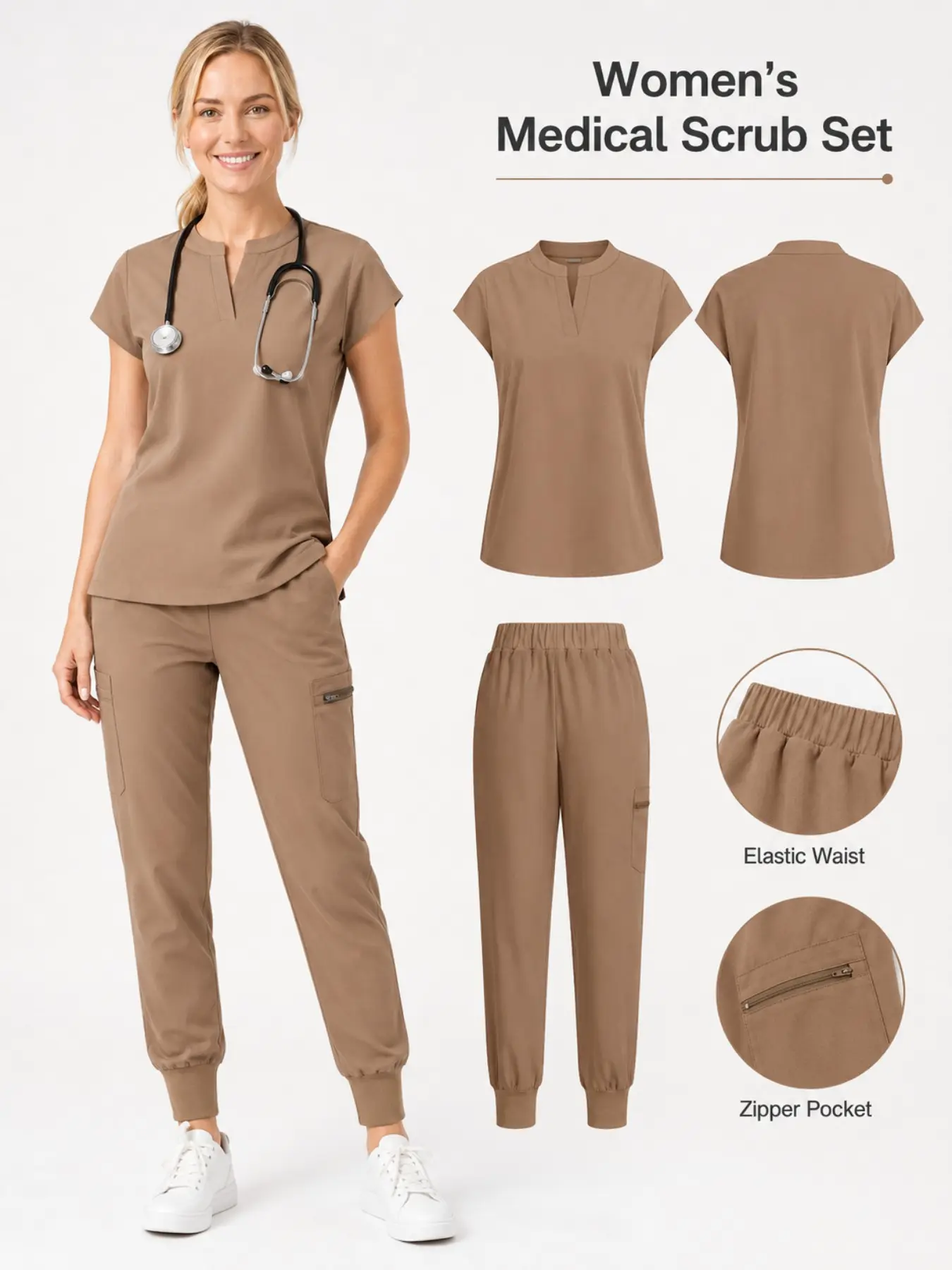 Women's Scrub Set 2 Piece Nurse Uniform Short Sleeve Medical Workwear with Elastic Waist Jogger Pants Zipper Pocket Comfortable Scrubs Healthcare Worker Essentials