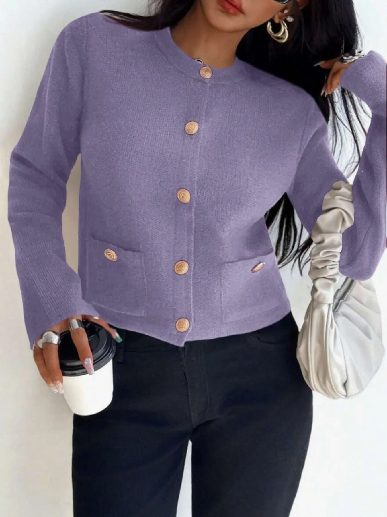 Women Tweed‑Style Knit Cardigan, Crew Neck Gold Button Pocket Design Cropped Sweater Coat, Casual Elegant Fall Winter Knitted Outerwear